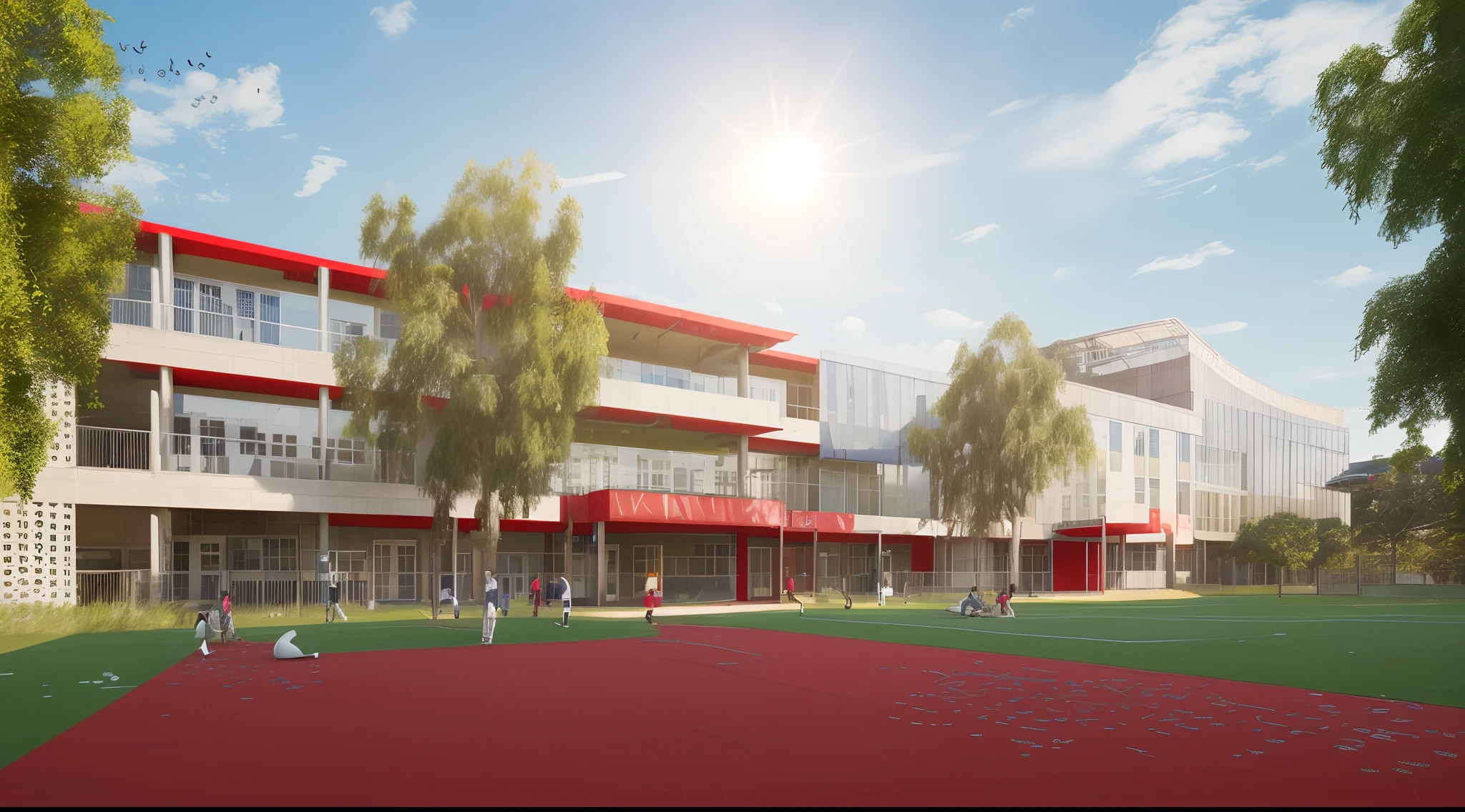 School architecture, modern style, grass and concrete ground design combined with walkways with students on the field, red and white painted walls, glass rails, city views, beautiful weather, sunlight Natural sky, wide viewing angle, 4k resolution, red and blue scheme