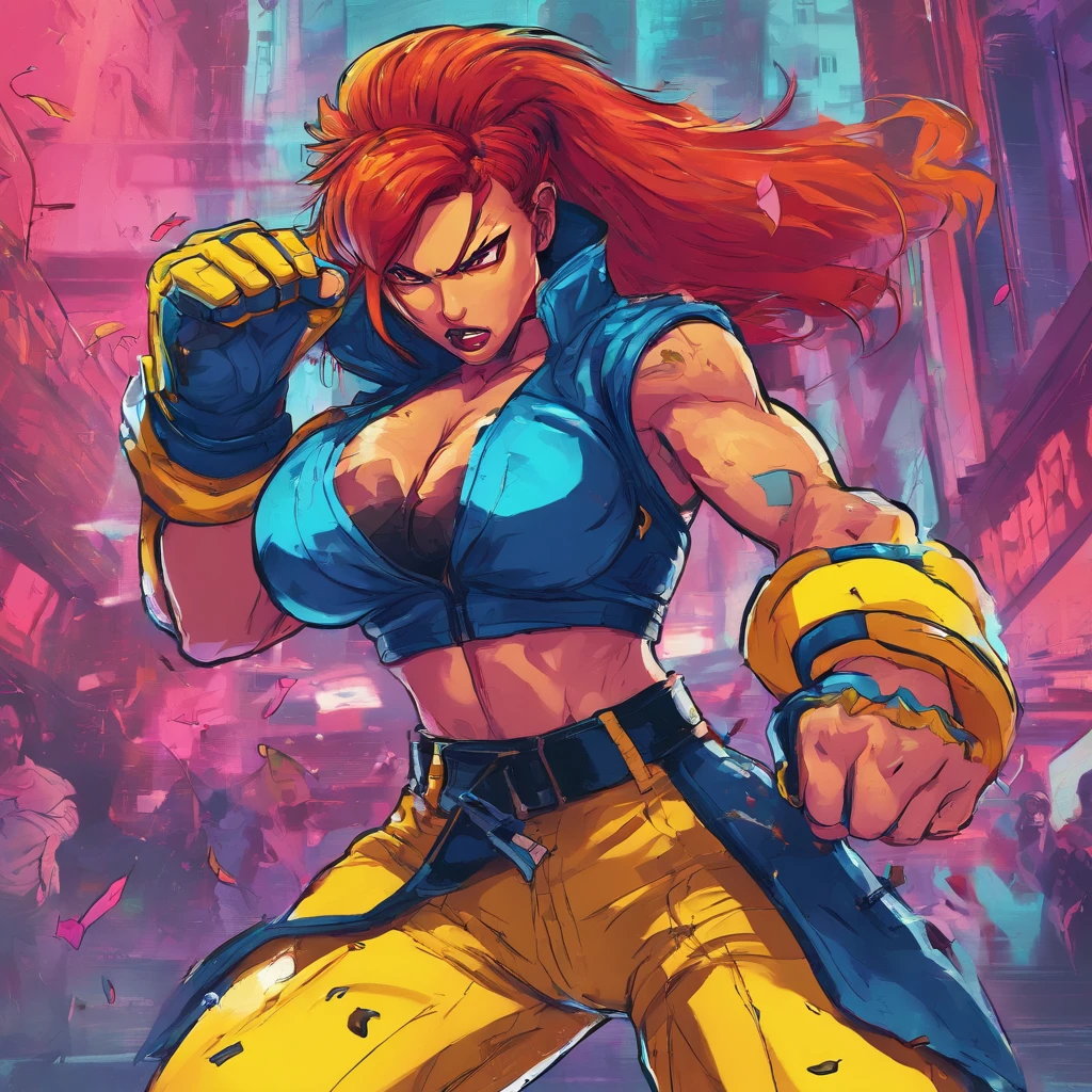 award winning cinematic shot of a furious angry female cyberpunk firing hand guns, wearing colourful (yellow+blue) futuristic cyberpunk urban outfit., face shows extreme anger and rage, Sleek, tight fitting costume, Cyberpunk style detailed hair. Detailed neon lit Cyberpunk street background. Intricate details, detailed background. sharp focus. Image detail extremely precise. --niji 5 --style expressive-c