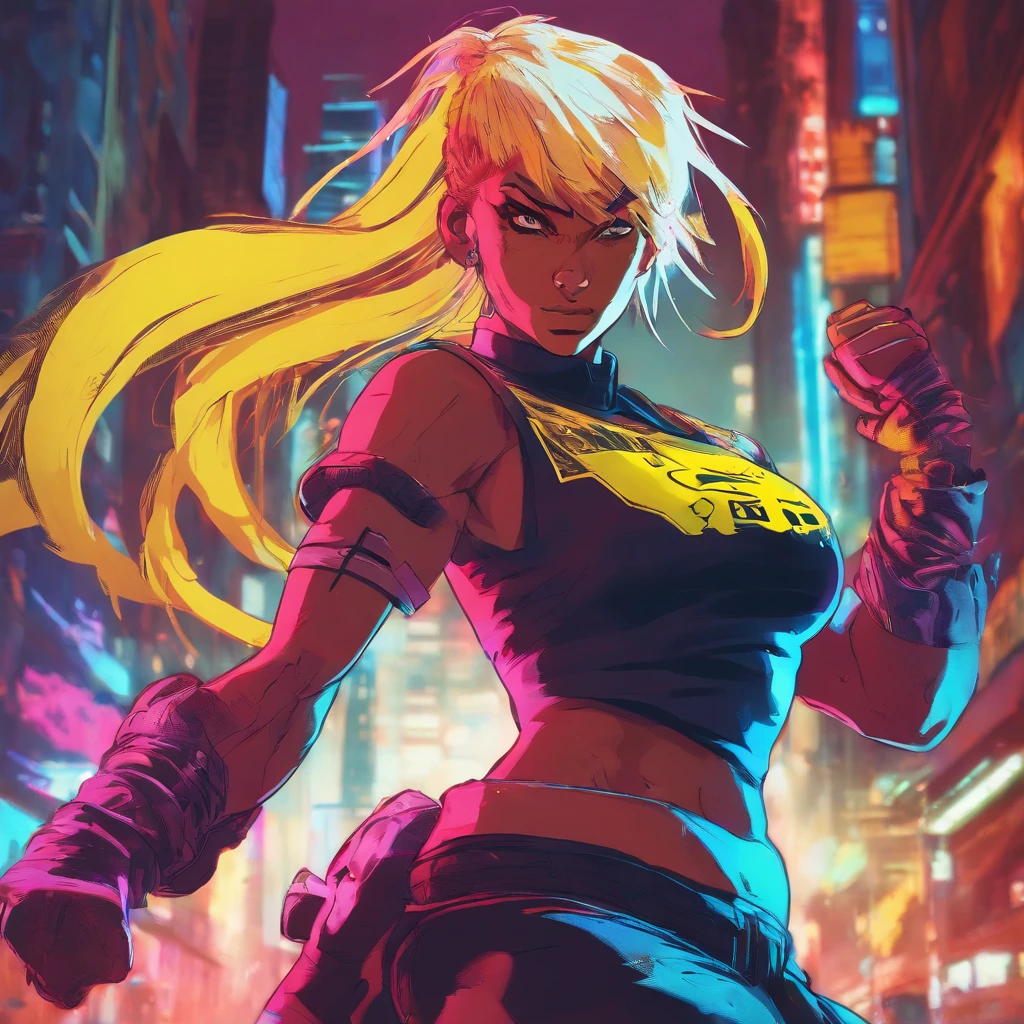 award winning cinematic shot of a furious angry female cyberpunk firing hand guns, wearing colourful (yellow+blue) futuristic cyberpunk urban outfit., face shows extreme anger and rage, Sleek, tight fitting costume, Cyberpunk style detailed hair. Detailed neon lit Cyberpunk street background. Intricate details, detailed background. sharp focus. Image detail extremely precise. --niji 5 --style expressive-c