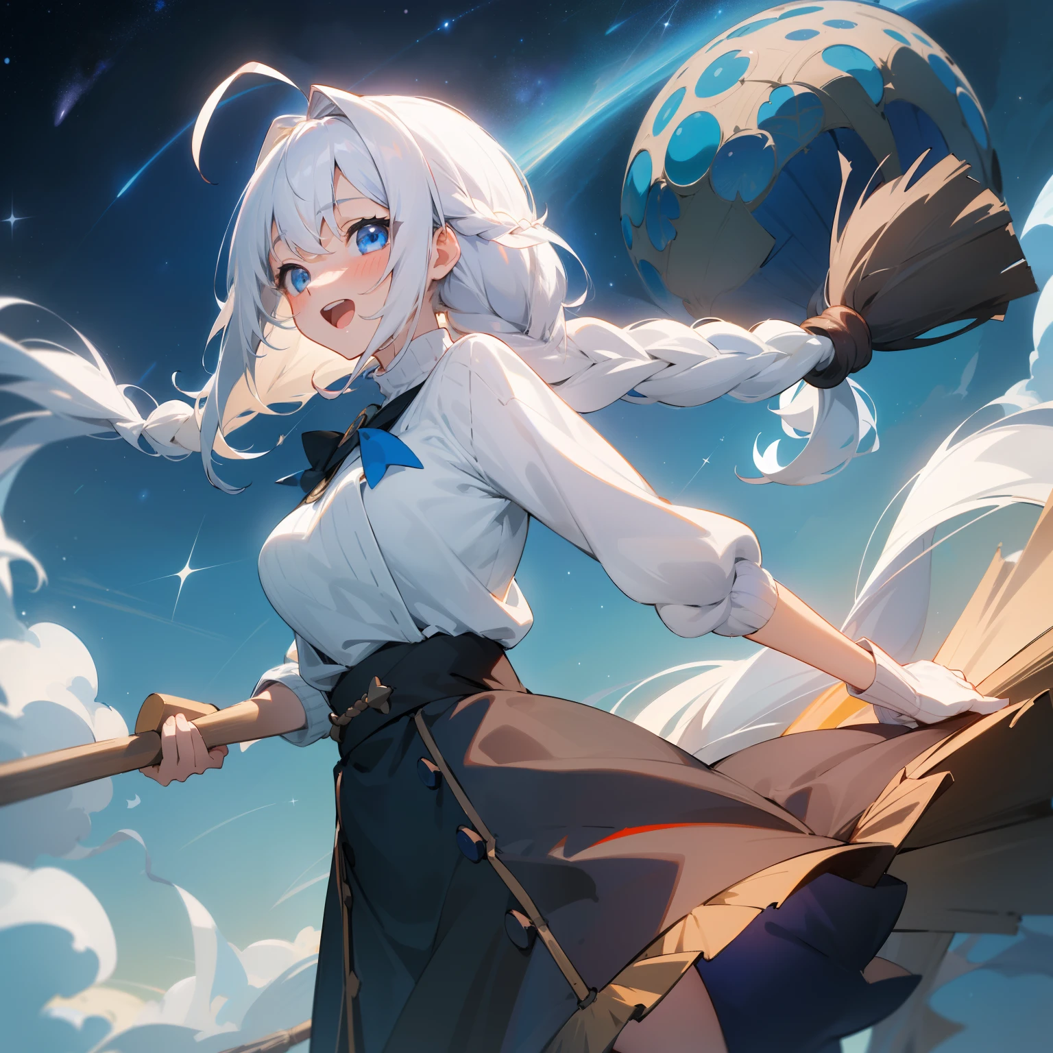 ((Masterpiece,Best quality,Detailed)), 4K,8K,A high resolution, 1girll, Solo, ph elaina, Majo no tabitabi, White hair, ahoge, Long hair, Braid, Blue eyes, shirt, Sweater, broom, Ride a broom, Large breasts, sky, Starry sky, Night, :D