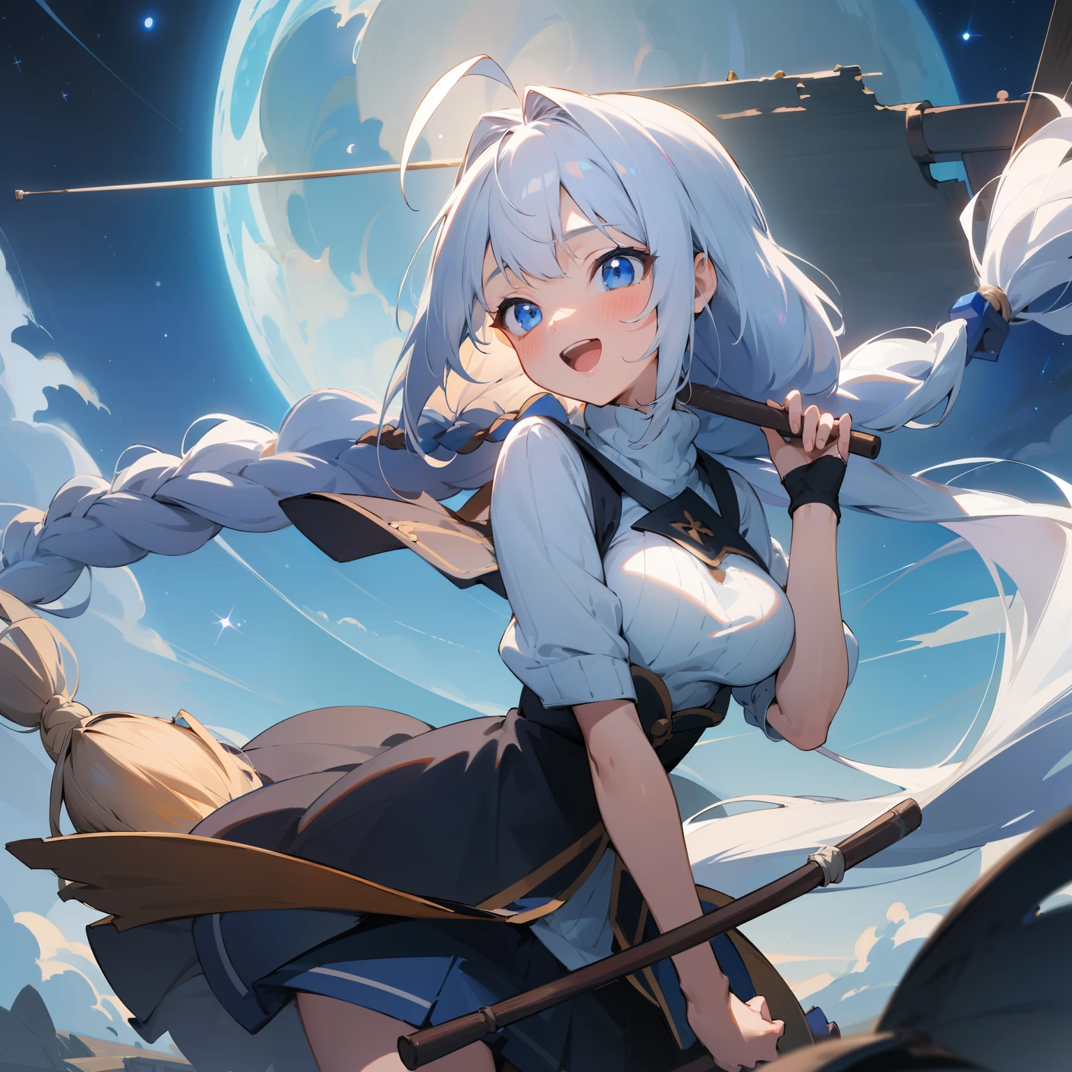 ((Masterpiece,Best quality,Detailed)), 4K,8K,A high resolution, 1girll, Solo, ph elaina, Majo no tabitabi, White hair, ahoge, Long hair, Braid, Blue eyes, shirt, Sweater, broom, Ride a broom, Large breasts, sky, Starry sky, Night, :D