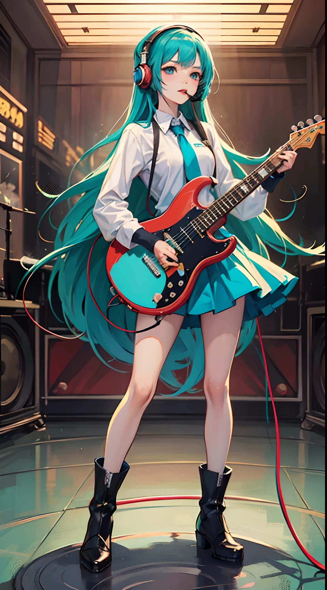 Anime girl with long green hair holding a guitar and headphones, standing on a stage,cushart kenz, Anime girl with teal hair, mikudayo, cushart krentz, cushart, Guviz, Official artwork, Kantai collection style, shirabii, anime concept art, inspired by Yanjun Cheng, Guviz-style artwork, nightcore