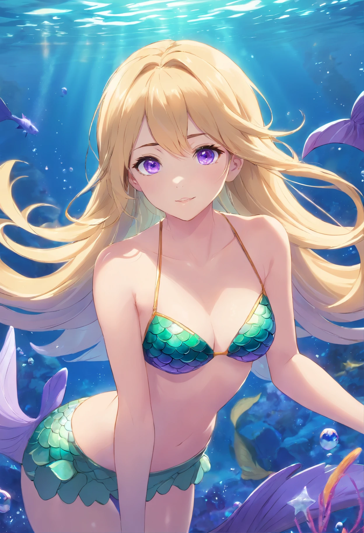 Mermaid, blonde hair, blue eyes, purple tail