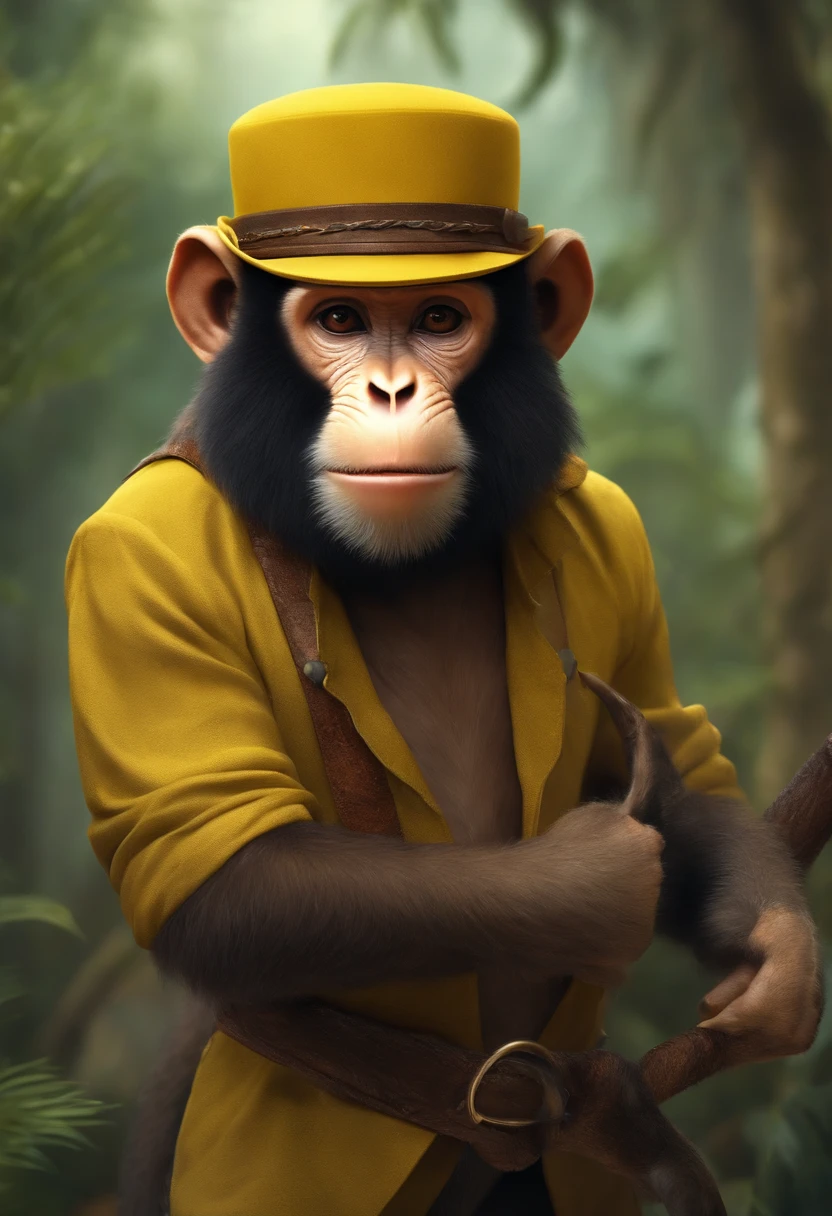 A man with the face of a monkey, wearing a yellow hat, has 4 arms and in each arm a knife, um personagem animado, Caractere estilizado, animation style rendering