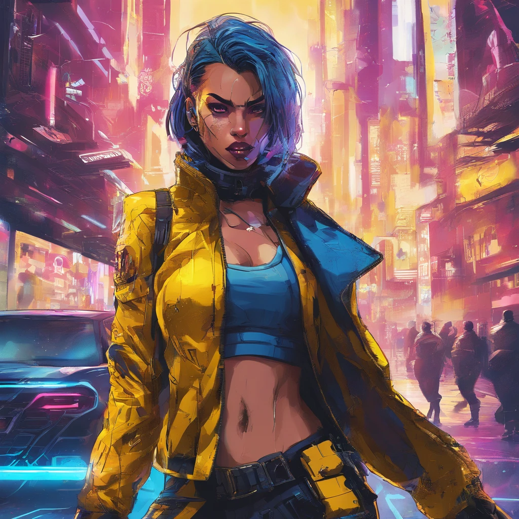 award winning cinematic shot of a furious angry female cyberpunk firing hand guns, wearing colourful (yellow+blue) futuristic cyberpunk urban outfit., face shows extreme anger and rage, Sleek, tight fitting costume, Cyberpunk style detailed hair. Detailed neon lit Cyberpunk street background. Intricate details, detailed background. sharp focus. Image detail extremely precise. --niji 5 --style expressive-c