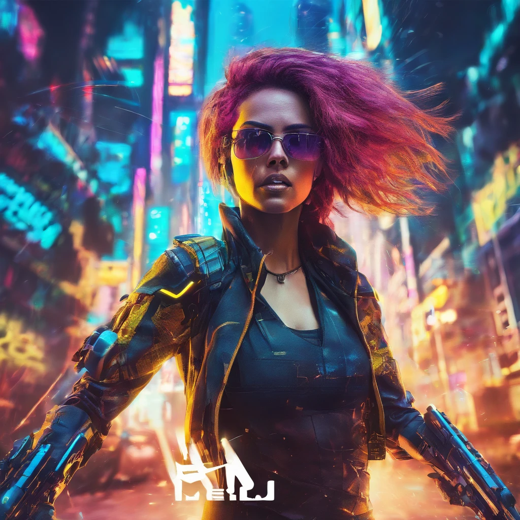 award winning cinematic shot of a furious angry female cyberpunk firing hand guns, wearing colourful (yellow+blue) futuristic cyberpunk urban outfit., face shows extreme anger and rage, Sleek, tight fitting costume, Cyberpunk style detailed hair. Detailed neon lit Cyberpunk street background. Intricate details, detailed background. sharp focus. Image detail extremely precise. --niji 5 --style expressive-c