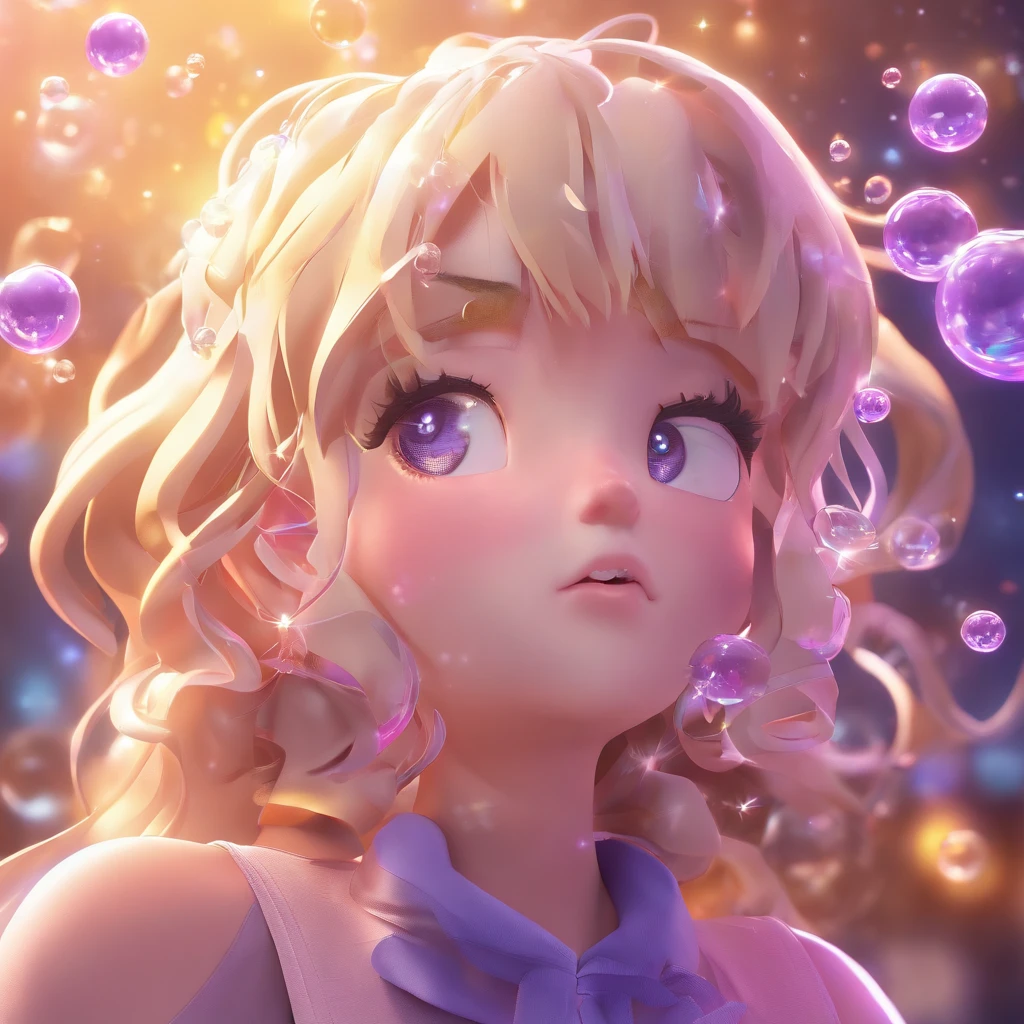 Anime style girl with light blonde hair with violet colored eyes blowing bubbles under the starry sky