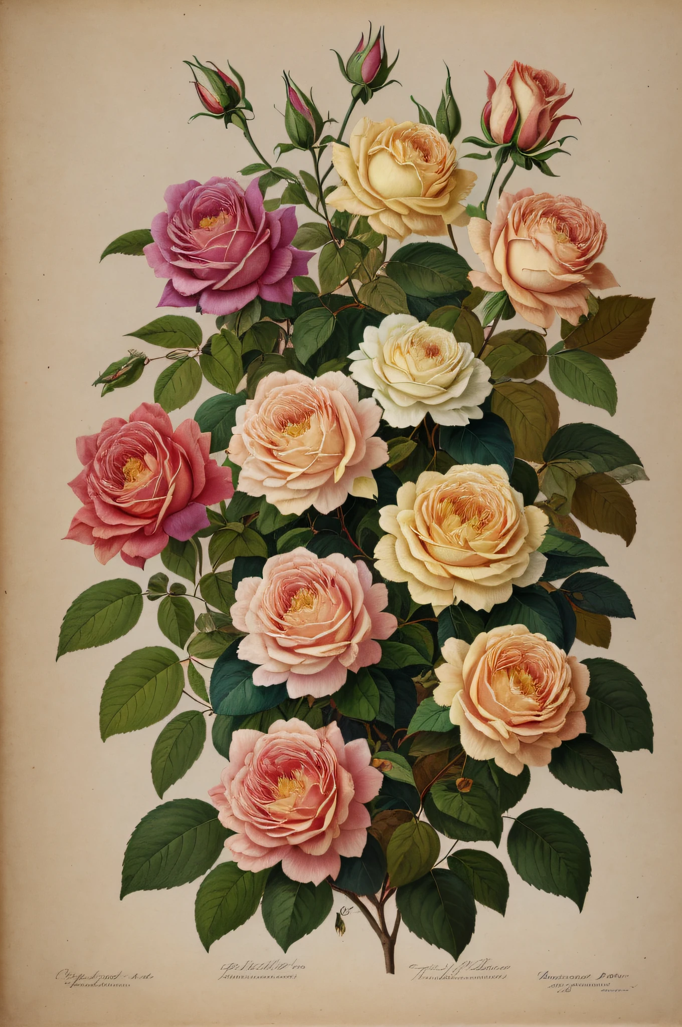 (best quality:1.2), (detailed:1.2), (masterpiece:1.2), vintage botanical illustrations of Larger Provence Rose (1770 1775) in high resolution by John Edwards