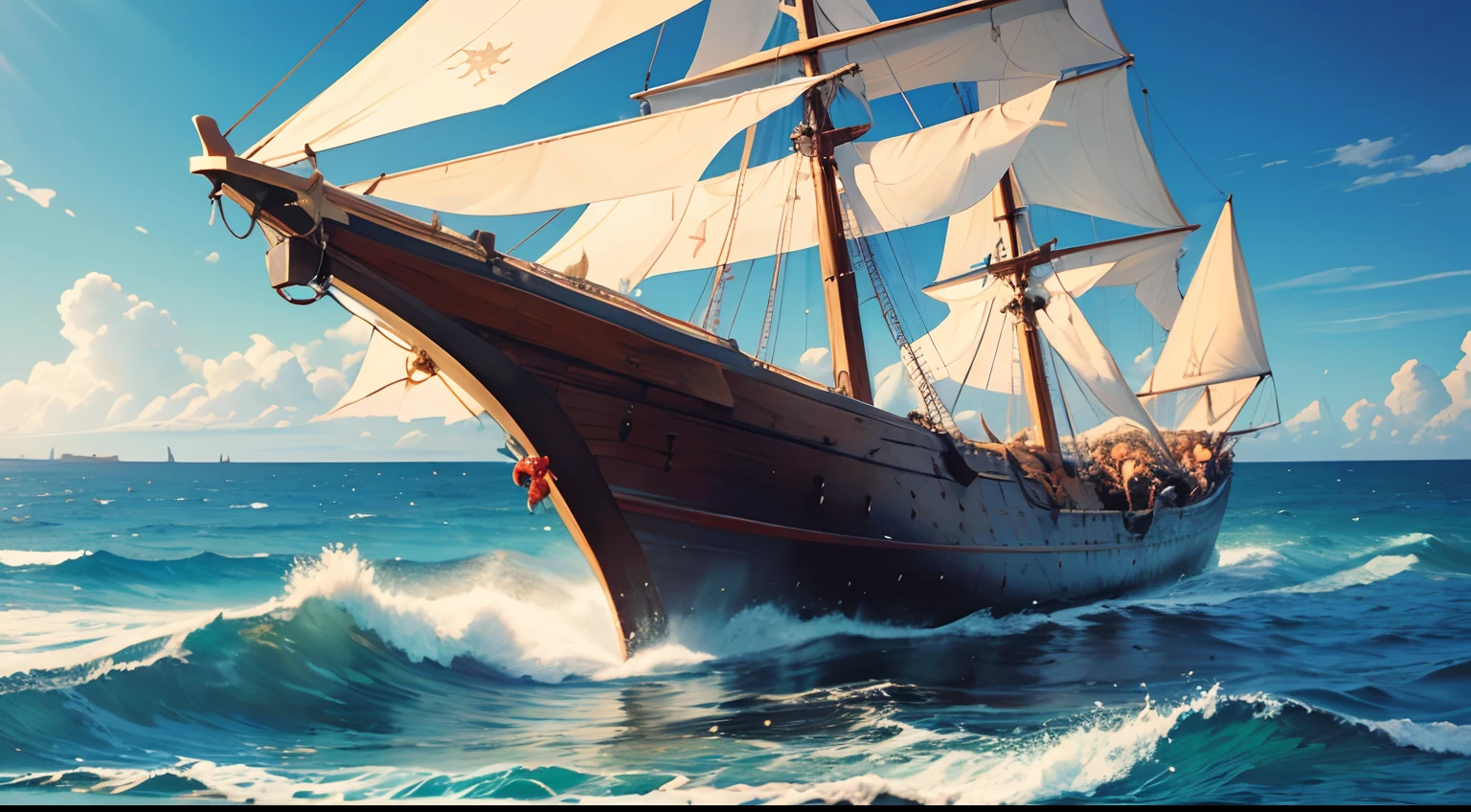((masterpiece)), ((best quality)), stormy ocean, wooden Viking ship
