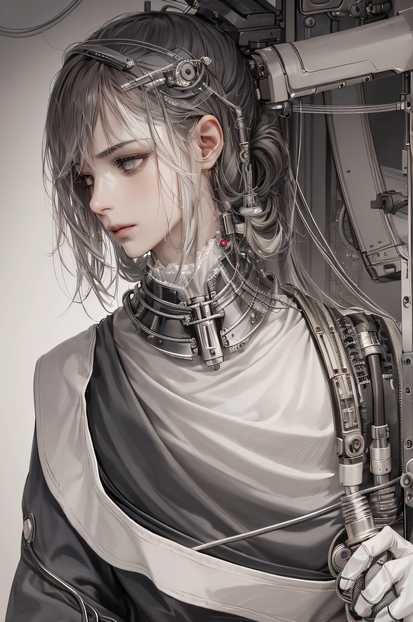 ((tmasterpiece)),((best qualityer)),((super-fine)),(CG illustration),((Extremely delicate and beautiful)),(seen from the side),cinematric light、 ((1 mechanical boy)), solo person, full bodyesbian,(Machine-made joints:1.2),((Mechanical limb)),(Blood vessel attached to tube),(The mechanical spine is attached to the back),((The mechanical cervical vertebrae are attached to the neck)),(sitted),face expressionless,(Wires and cables around the neck:1.2),(wires and cables on head:1.2)(Character focus),sci-fy,Extremely fine,a color,Thinnest