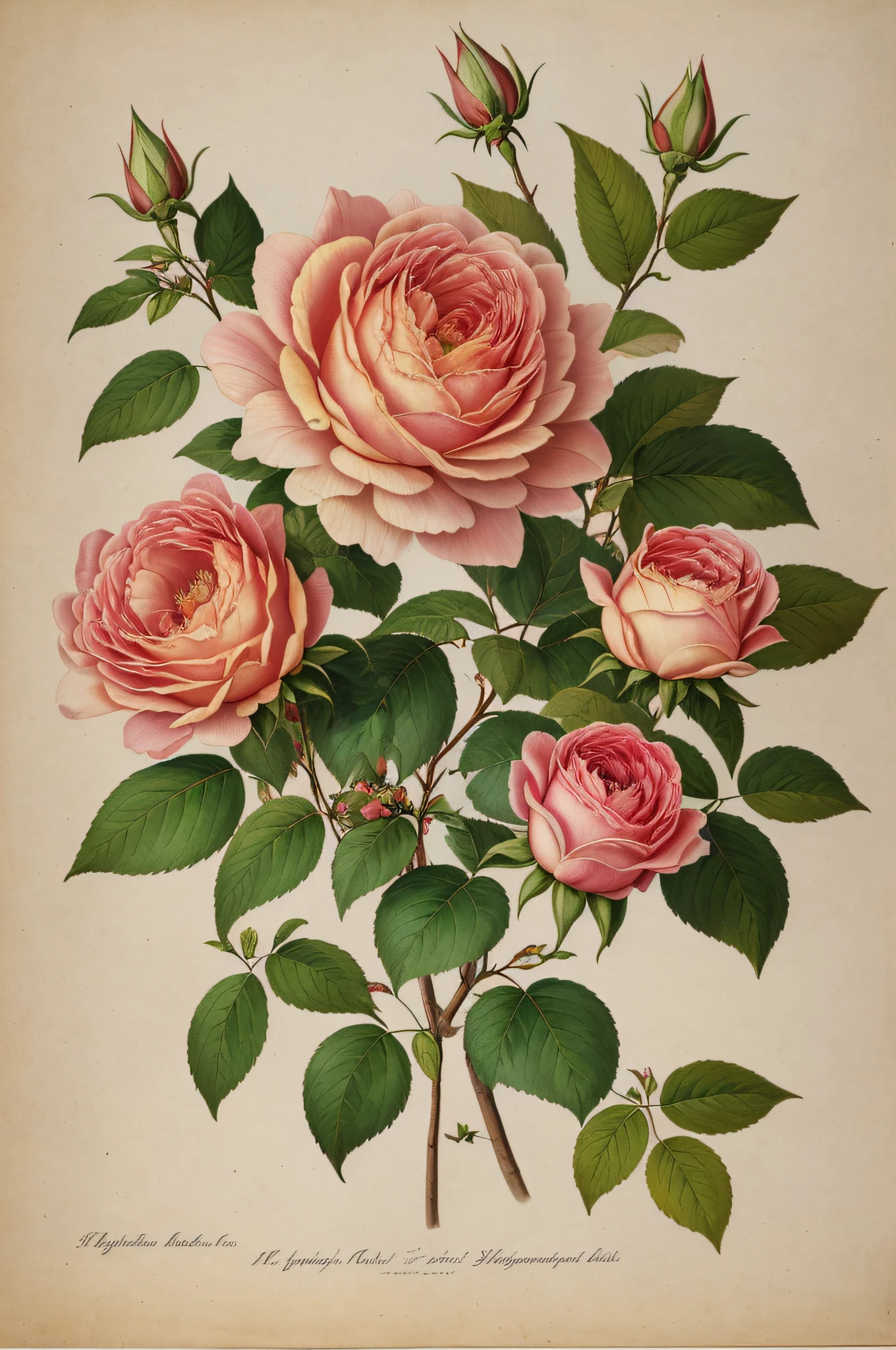 (best quality:1.2), (detailed:1.2), (masterpiece:1.2), vintage botanical illustrations of Larger Provence Rose (1770 1775) in high resolution by John Edwards