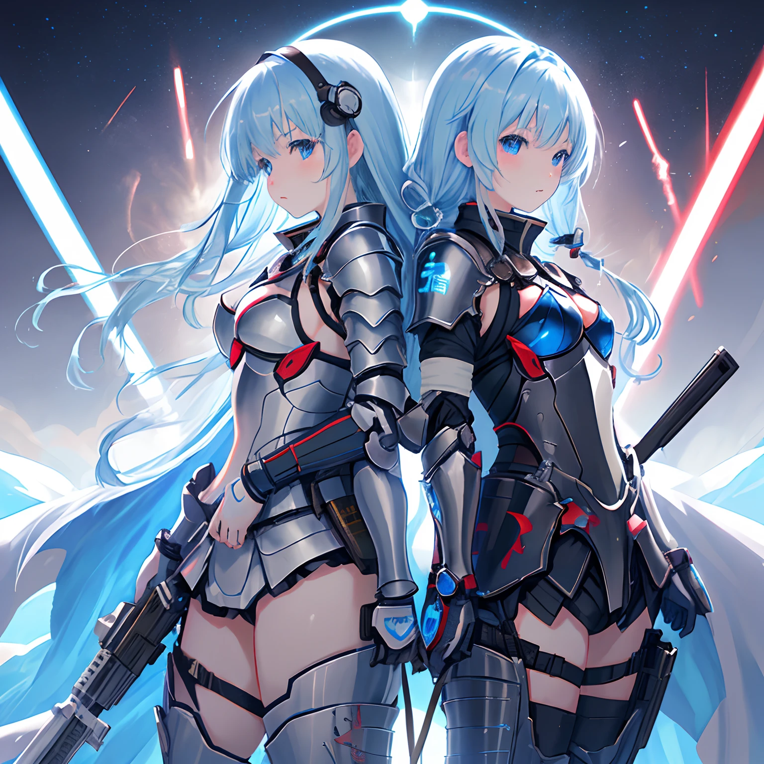 Japan Anime Style、1人の女性、Near future、Bikini costumes、Armor on part of the chest、Armor from the side to the elbow、Armor from thigh to toe、Assault rifle in right hand、Pistol in the holster of the left thigh、Carry a shotgun on your back、I have long light blue hair up、with intercom、With bangs、Light blue eyes、Increased exposure