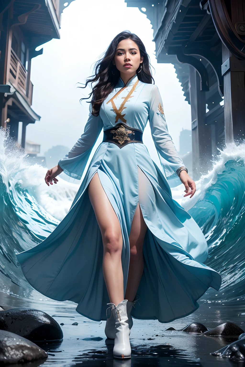 Beautifull malay women in hijap, (skindentation:1.5), Realistic, Photorealistic, (masterpiece:1.5), concept art, intricate details, highly detailed, photorealistic, octane render, 8k, unreal engine, dynamic pose, best quality, highres, (realistic face:1.1), (hyperrealistic:1.1), ((full_body)), perfect eyes,(shiny skin:1.2), (((hairstyle))), (((perfect hands))), (extremely detailed background), ((dynamic background)), ((lightning)), (light rays), ((1girl)), 8k, dramatic angle, (fluttered detailed color splashs), (illustration), (((1 girl))), (black long hair), (rain:0.9), Hanfu, cheongsam, air accessories, colored ink drawing, (sketching:0.8), (denoising:0.6), [splash ink], ((ink refraction)), (beautiful detailed sky), background bokeh, beach, ((huge wave)), (masterpiece, best quality, extremely detailed), ((wearing pale blue fluffy dress)), (((long skirt))), (((long sleeves))), white boots, water magic, ((full body)), battle action