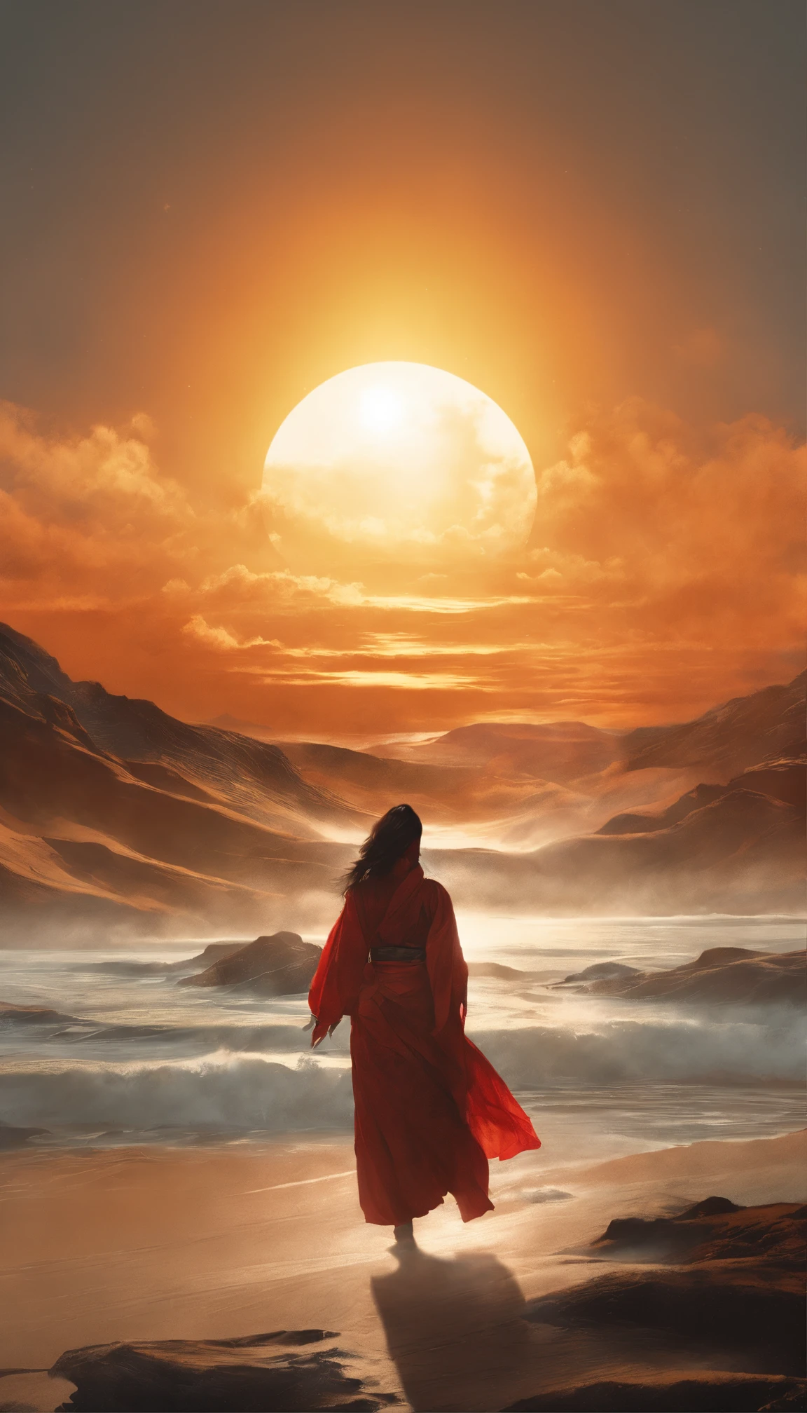 Capture the radiant moment of Amaterasu using her divine powers to create the sun, painting a glowing sun with warm hues that illuminates the land and banishes the darkness. In a water ink, ink water, ink, alberto seveso texture, loose painting style, intricate detail, cinematic lighting, octane render, 8k render, volumetric lighting, professional ominous concept art, by artgerm and greg rutkowski, an intricate, elegant, highly detailed digital painting, concept art, smooth, sharp focus, illustration, in the style of simon stalenhag, wayne barlowe, and igor kieryluk Japanese watercolor style,(Japanese watercolor painting)