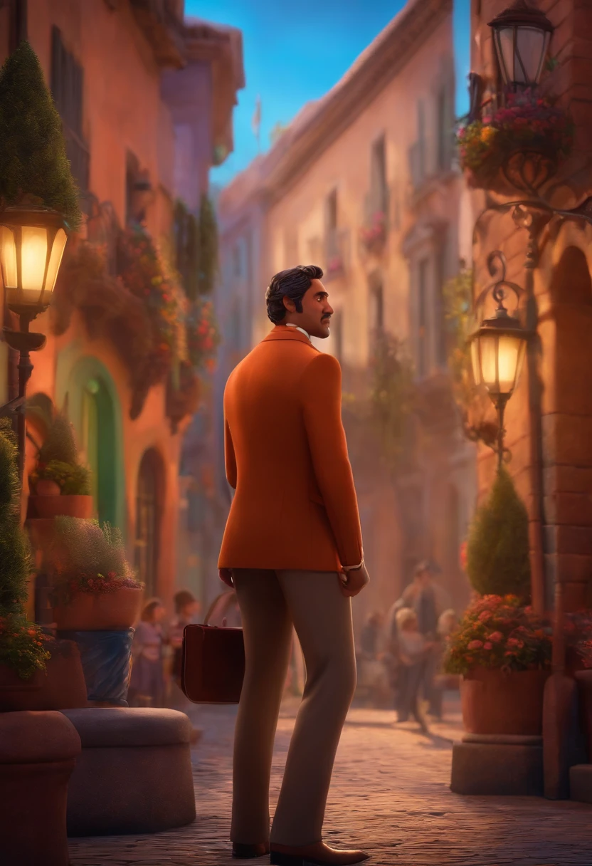 A city councilman looking at a dream project inspired by Pixar animation, de perto. The character takes center stage with captivating facial expressions, oferecendo um toque de irrealidade