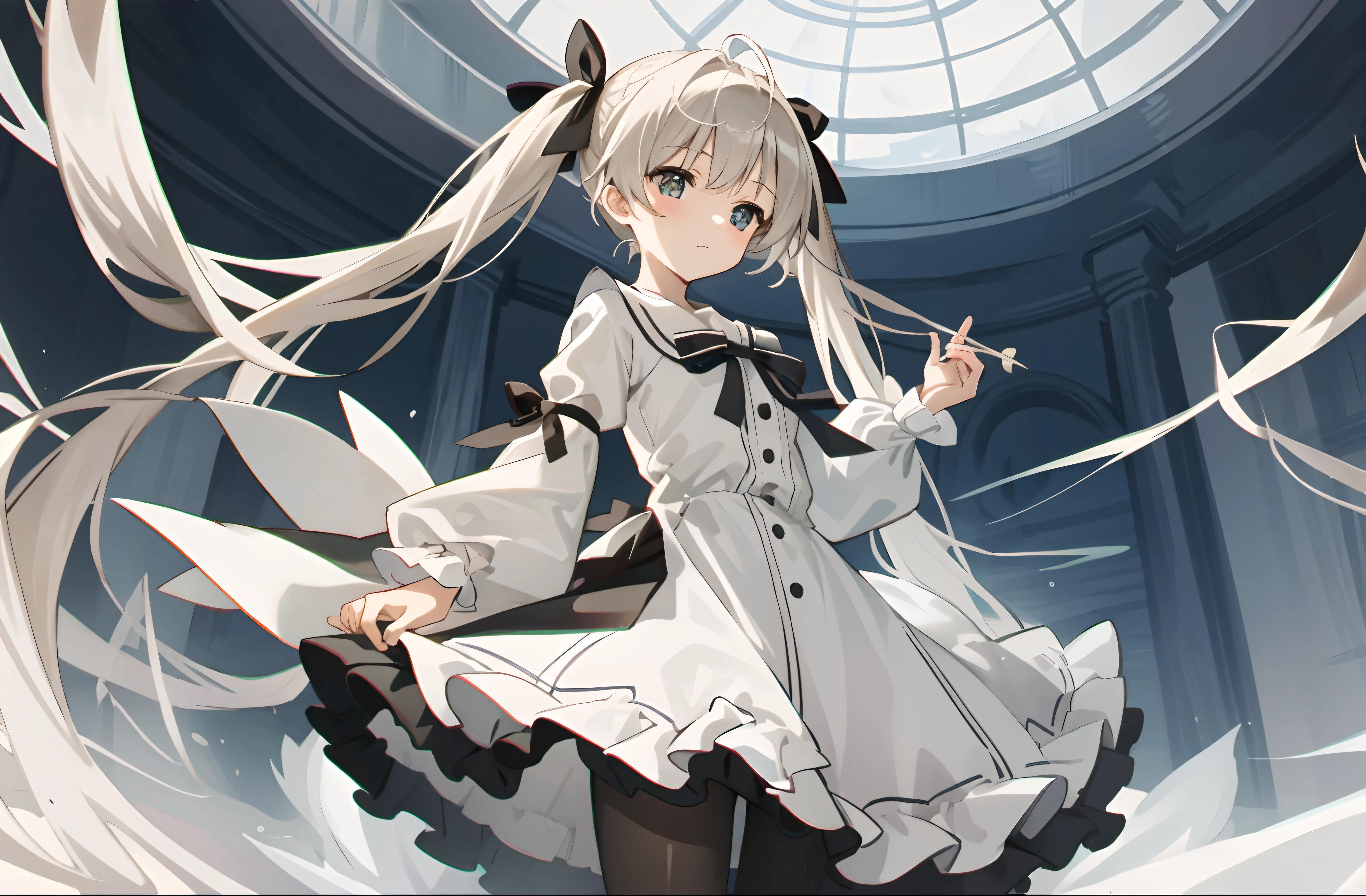 （Masterpiece，best qualtiy，A high resolution：1.5），1girl，high school senior，white skinned，Gray-black pupils，twintails，lacepantyhose，shift dresses，Delicate face，School Background，The light is bright，Sora Kasugano，Animated illustration style，pixiv popular