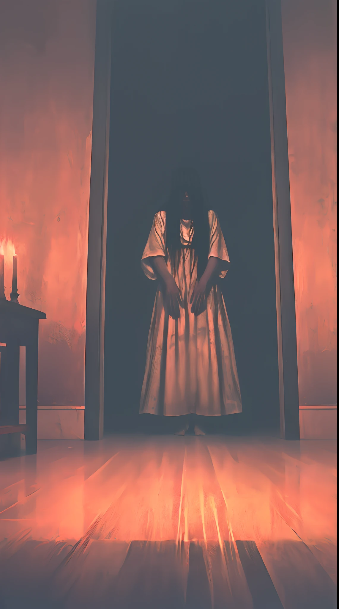 Sadako, inside a liminal space of nightmares in a dark warehouse, dynamic lighting, photorealistic, trending on art station, stunning visuals, foggy, creative, cinematic, ultra detailed, atmospherical, ambient lighting, scary art, bad quality, heavy film grain, desaturated, orange teal hue