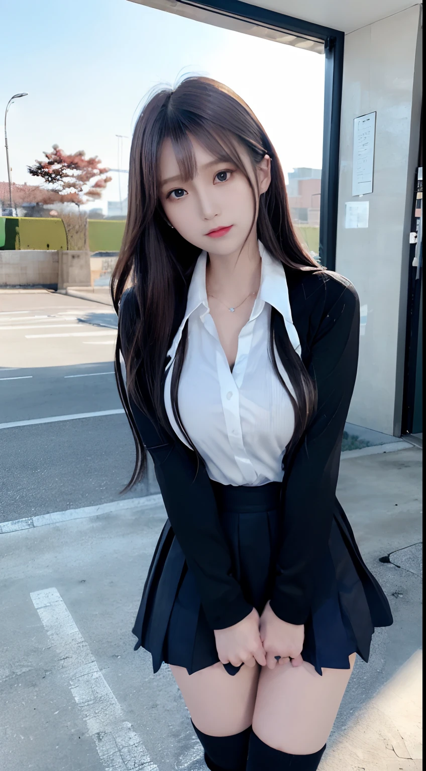 mix4, (16 K, Raw photography, Top image quality, masterpiece: 1.45), (realisitic, Photorealsitic: 1.37), one girls, cute little, A city scape,, profetional lighting, photon maping, school classrooms, physically-based renderingt, dark brown hair,pony tail hairstyle, Well-groomed and beautiful eyes、((二重まぶた))、Transcendent Cute Girl, (((student clothes、blazers、Long sleeve shirt worn by Japan high school girl、Ribbon Ties、Dark blue mini skirt,、Dark blue socks、Black loafers))), Top Quality Photos, hight resolution, 1080p, (clearface), (Detailed face description), (Detailed hand description), (masterpiece), (Exquisite CG)、extreme light and shadows、dishevled hair、master work、abundant detail、(Fine facial features)、(top quality photo)、(masuter piece)、(A detailed eye)、Look in front of you、Fine clavicle、((Slender big))、(((Japan schoolgirl wears a long-sleeved shirt)))、((Neat and clean idol))、((School Gate、school ground、School building in the background))、(Shooting from random perspectives)、(((Anyway cute)))、耳Nipple Ring、A big smile、Drawing the whole body from the knees、Do not draw nasolabial folds、(((Sports bags used by Japan schoolgirls)))、(Big breasts that hang down big:1.2)、Big buttocks with tension、Two arms and two legs、(((from the front side:0.7)))、bare hand、(((Left and right symmetrical eyes)))、Standing Pose、Put your hands on your desk、Do not remove the tie from the jacket、Raise your buttocks、cocked ass、