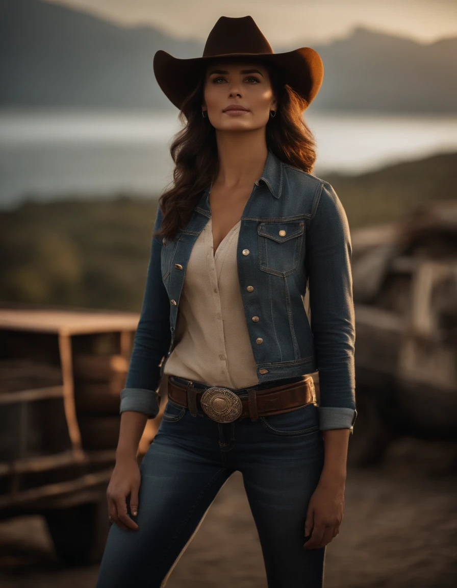 cinematic portrayal, ((parte superior do corpo)), facing the audience, (realidade :1.3), Foto de arte mais bonita do mundo, a woman looks at the camera, Looks jeans vintage, Cowboy ocidental, rosto bonito detalhado, action shot, (intrincado :1.4), Fundo ocidental, fotografia realista, Durante o dia, CG, Stand de Arte