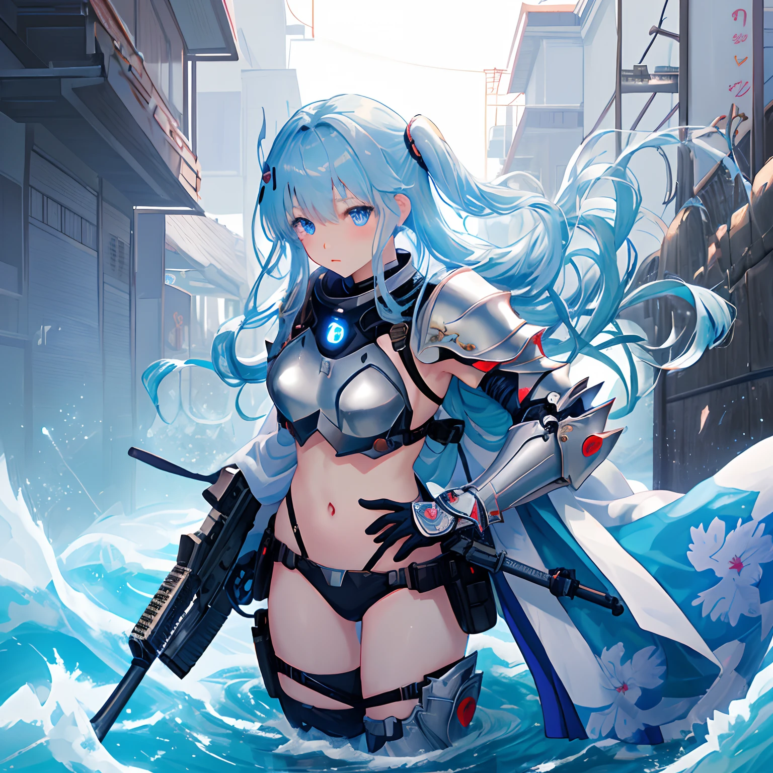 Japan Anime Style、1人の女性、Near future、Bikini costumes、Armor on part of the chest、Armor from the side to the elbow、Armor from thigh to toe、Assault rifle in right hand、Pistol in the holster of the left thigh、Carry a shotgun on your back、I have long light blue hair up、with intercom、With bangs、Light blue eyes、Increased exposure