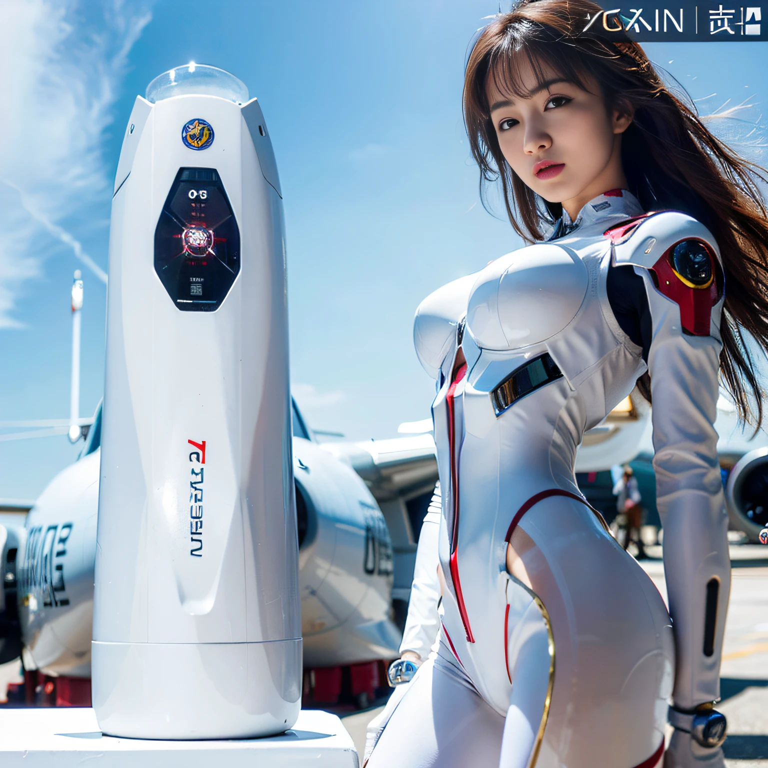 A woman in a white suit stands next to a jet, gynoid cyborg body, Biomechanical OPPAI, gynoid body, Beautiful white girl cyborg, an oppai cyberpunk, beautiful girl cyborg, an alien robot naughty nurse, female robot, Cute cyborg girl, female android, in white futuristic armor, beautiful female android!