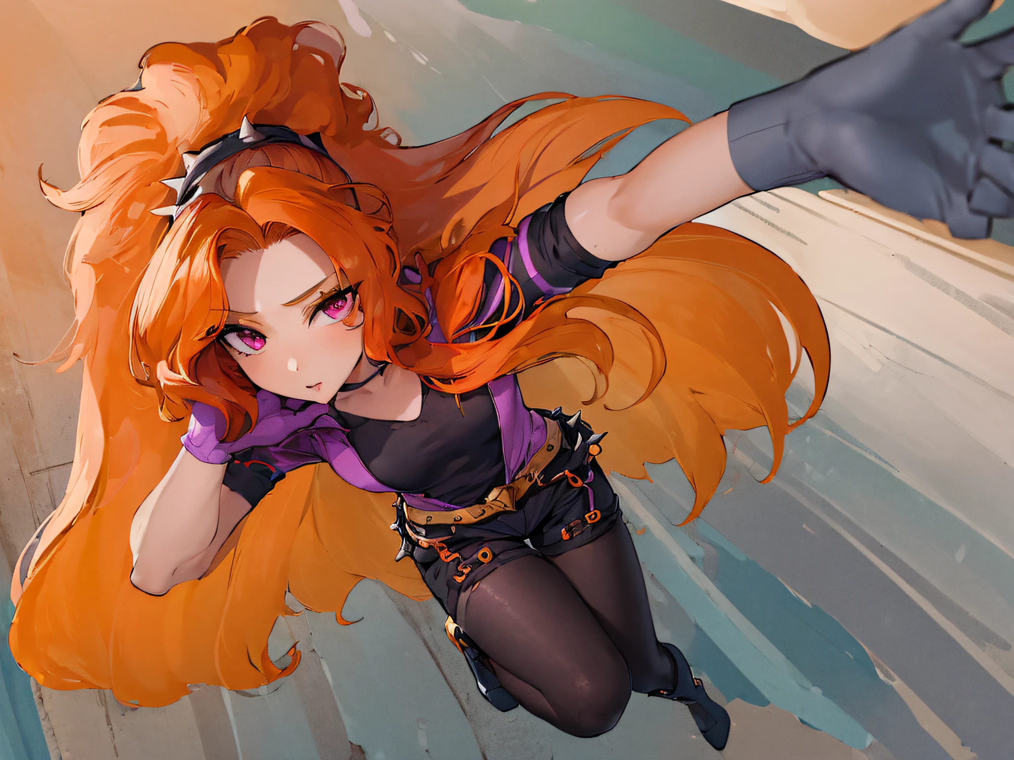 (1girl, JUMP, from above, skydive:1.4), orange hair, mlpdazzle, black dress, black shorts, pantyhose, fingerless gloves, belt, jewelry, looking at viewer, spikes, thighhigh boots, spike hair band, (Best Quality,4k,8K,high resolucion,Masterpiece:1.2),Ultra-detailed,realisitic:1.37,Vivid colors, studio lit, black outline, thick outlines, wind, huge hair, abundant hair, disheveled hair, messy hair, thin body, thin legs, shade, shadow, night view