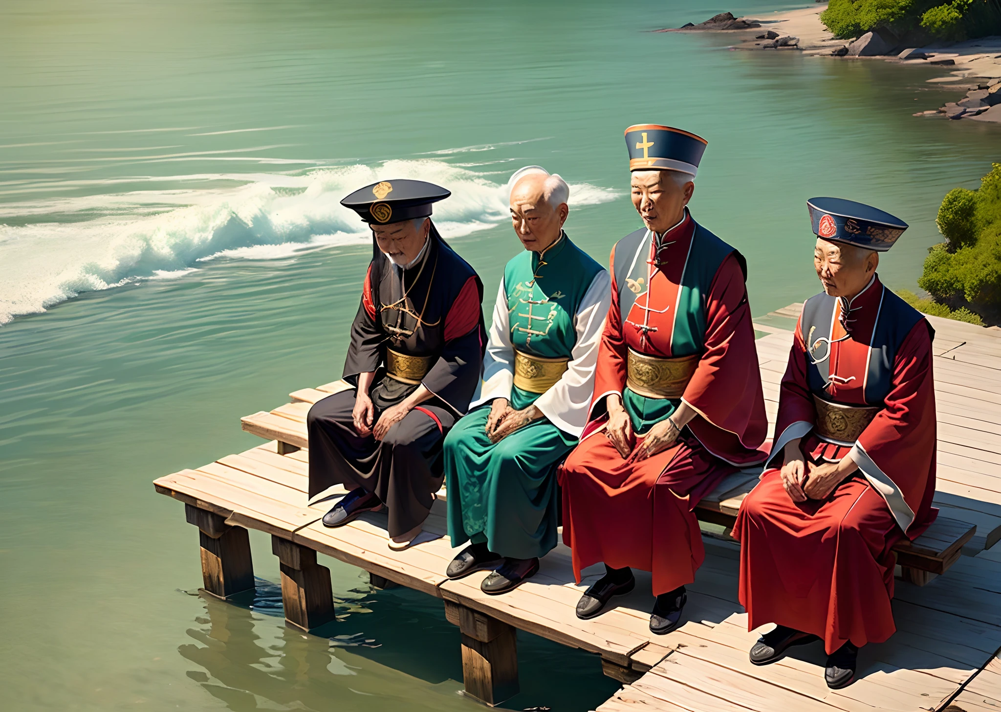 Four old Taoist priests sat on the wooden walkway by the shore and gave lectures