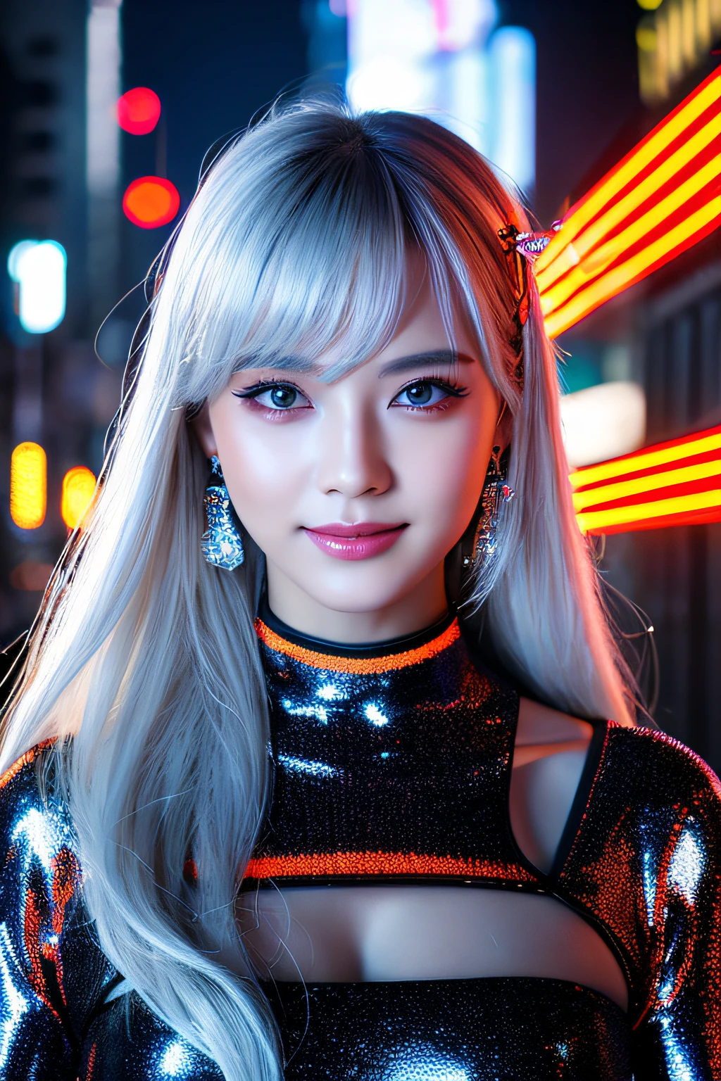 1 girl, Chinese_clothes, liquid silver and orange, cyberhan, cheongsam, cyberpunk city, dynamic pose, detailed luminous headphones, glowing hair accessories, long hair, glowing earrings, glowing necklace, cyberpunk, high-tech city, full of mechanical and futuristic elements, futuristic, technology, glowing neon, orange, orange light, transparent tulle, transparent streamers, laser, digital background urban sky, big moon, with vehicles, best quality, masterpiece, 8K, character edge light, Super high detail, high quality, the most beautiful woman in human beings, micro smile, face facing front and left and right symmetry, ear decoration, beautiful pupils, light effects, visual data, silver white hair, super detail facial texture