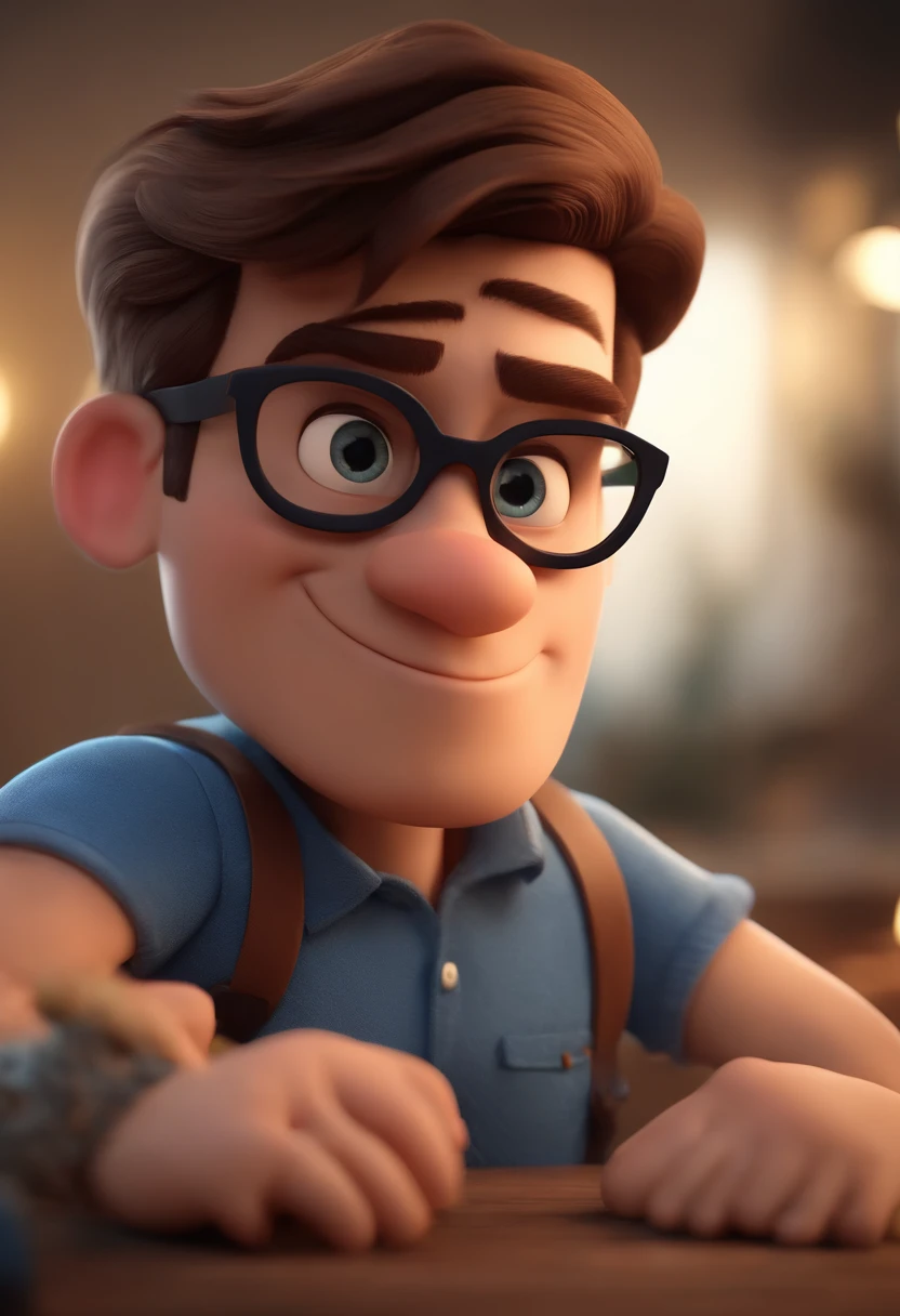 Cartoon character of a man wearing black glasses and a blue shirt, um personagem animado, Caractere estilizado, animation style rendering, 3D estilizado, Arnold Maya render, 3 d render stylized, toon render keyshot, Personagem 3D, Personagem 3D, 3d rendering stylized, 3 d character render, personagem de desenho animado, Personagem de close up, Pose de personagem, (Estilo Pixar) (master part:1.2) (Bokeh) (best quality) (pele detalhada) (textura detalhada) (8k) (argila) (Cinematic lighting) (foco nítido,Senta e vaza a parte superior do corpo