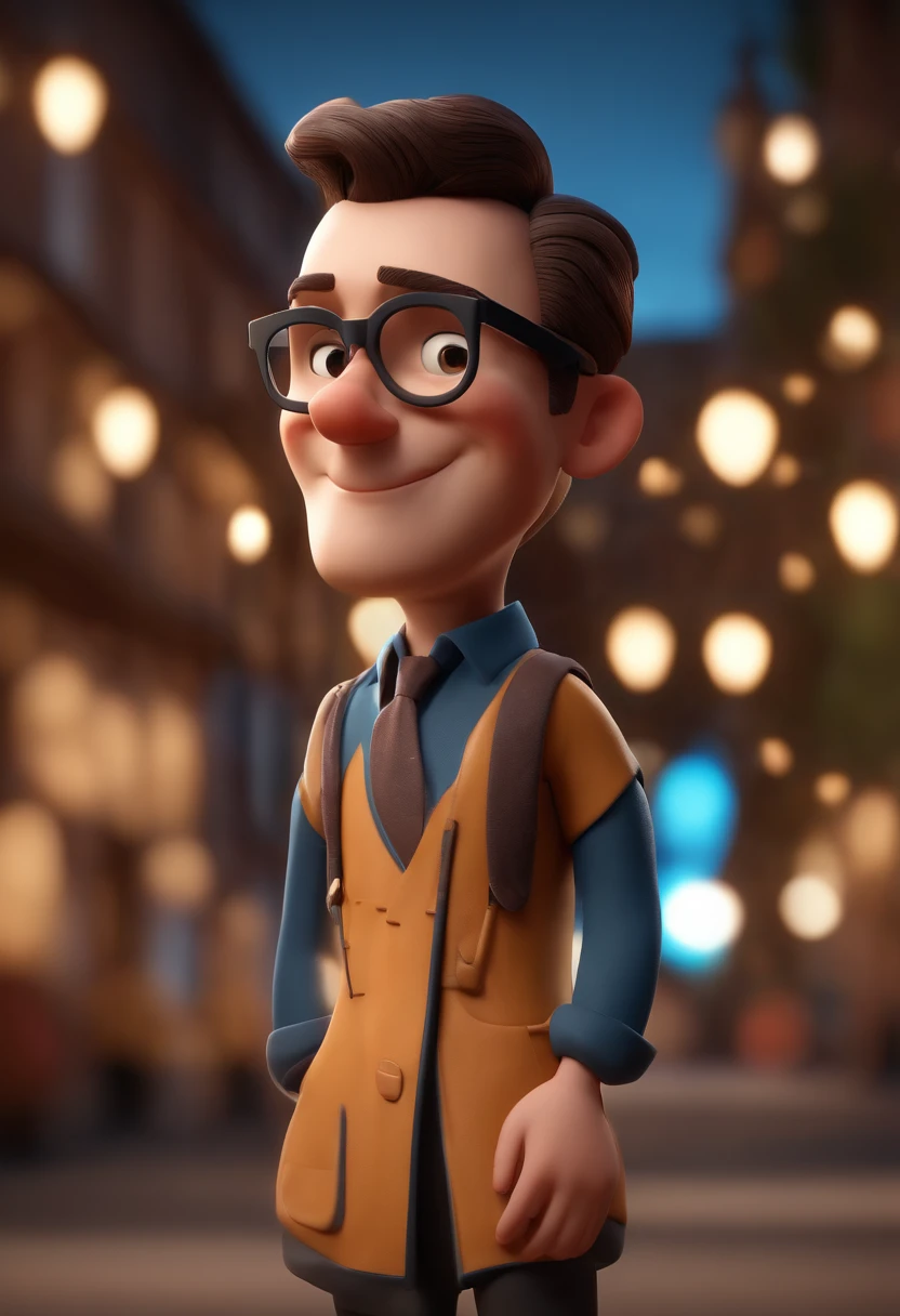 Cartoon character of a man wearing black glasses and a blue shirt, um personagem animado, Caractere estilizado, animation style rendering, 3D estilizado, Arnold Maya render, 3 d render stylized, toon render keyshot, Personagem 3D, Personagem 3D, 3d rendering stylized, 3 d character render, personagem de desenho animado, Personagem de close up, Pose de personagem, (Estilo Pixar) (master part:1.2) (Bokeh) (best quality) (pele detalhada) (textura detalhada) (8k) (argila) (Cinematic lighting) (foco nítido,Senta e vaza a parte superior do corpo
