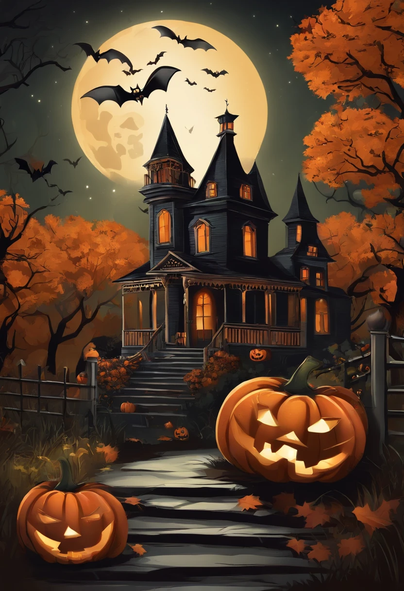 A halloween scene with pumpkins and a house in the background - SeaArt AI