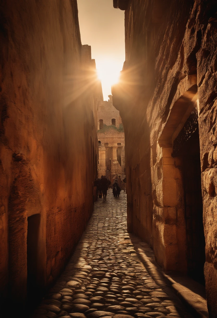 An atmospheric shot of the Roman Forum's cobblestone streets bathed in warm sunlight. The bustling activity of ancient Rome is captured as people in togas and tunics go about their daily business. Yet, beneath the bustling streets, there's a subtle, mysterious entrance to an ancient underground labyrinth. Shadows cast by the surrounding buildings accentuate the secrecy of the hidden world below.