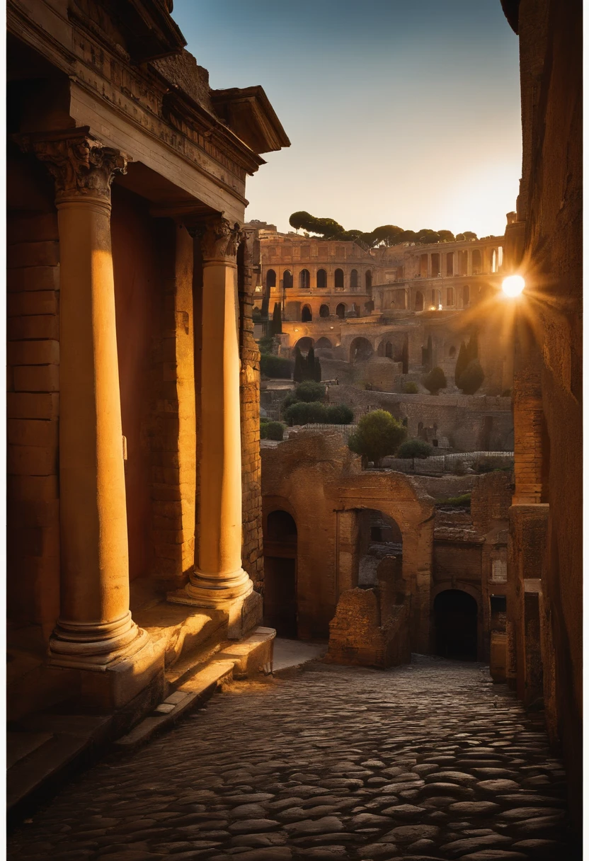 busy market in ancient roman city. sunset. historic rome. 1st century. praetorians in distance.