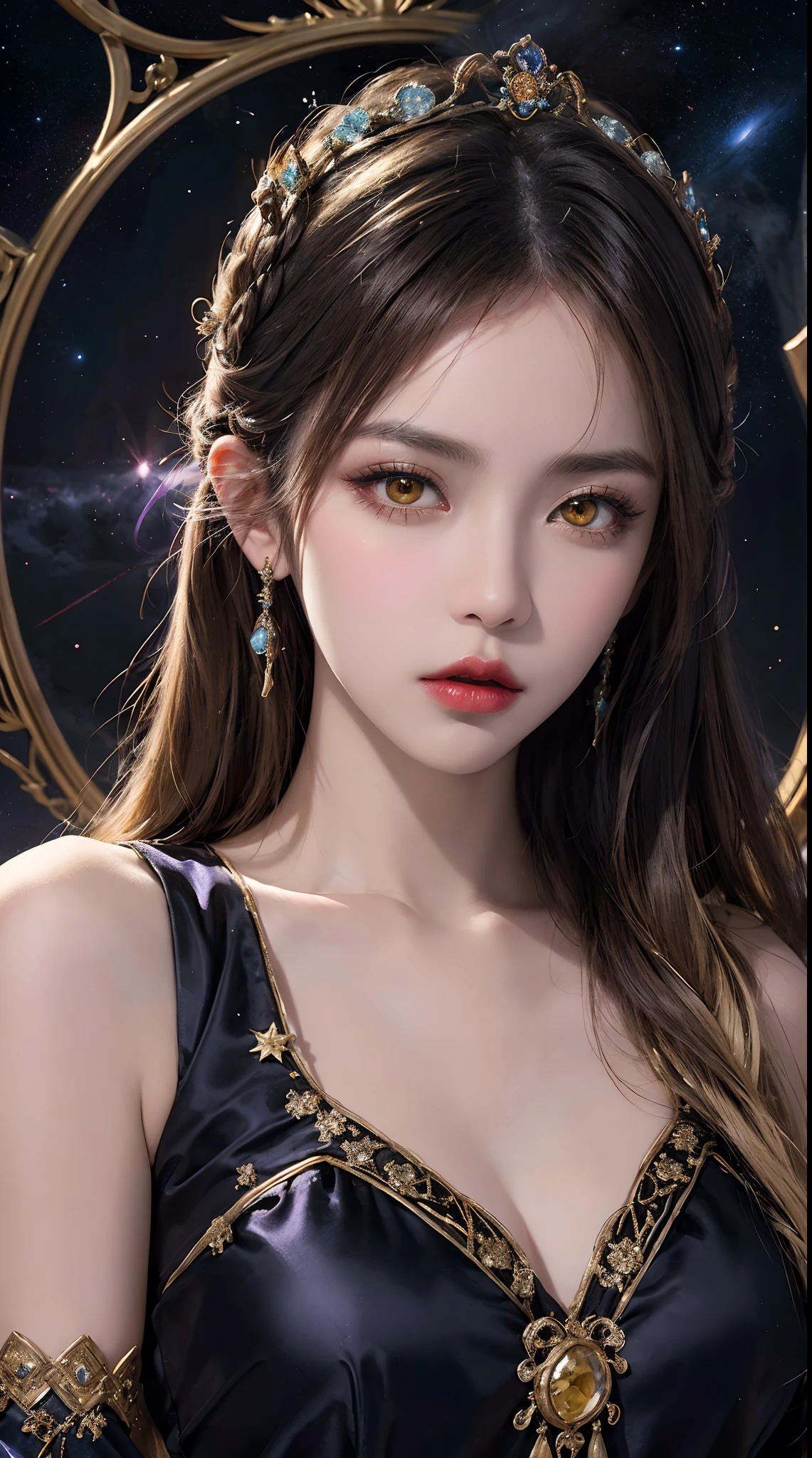 1 27-year-old girl, 1 zodiac goddess from the future, goddess of the pink and purple 12 zodiacs, the goddess of the zodiac in a yellow ao dai, a 12 zodiac ao dai with many black lace detail, mythology Goddess of the 12 zodiacs from the future, zodiac ♏, luxurious glittering zodiac style, dark and mysterious version, zodiac crown, lipstick lips red, thin and beautiful lips, mouth closed, characters made by karol bak and pino daeni, intricate detail, detailed background, extremely detailed, light magic, a woman, clear face, hair long with bangs, beautiful face in detail and well-proportioned eyes, (transparent yellow eyes: 1.8), big round eyes and very beautiful and detailed makeup, foresight, silk dress, mysterious makeup , double bangs and dyed light blonde , upper half portrait, zodiac goddess portrait, arms hanging loosely, Realistic and vivid photo, (stars make up the zodiac: 1.7), (sky background zodiac and fictitious space and time portal: 1.8), fiction art, RAW photo, hanfu picture, best photo, best photo quality, 8k quality, 8k ultra, super realistic, real photo most economical, the goddess poses sexy and seductive,
