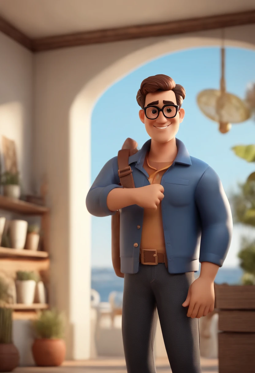 Cartoon character of a man wearing black glasses and a blue shirt, um personagem animado, Caractere estilizado, animation style rendering, 3D estilizado, Arnold Maya render, 3 d render stylized, toon render keyshot, Personagem 3D, Personagem 3D, 3d rendering stylized, 3 d character render, personagem de desenho animado, Personagem de close up, Pose de personagem, (Estilo Pixar) (master part:1.2) (Bokeh) (best quality) (pele detalhada) (textura detalhada) (8k) (argila) (Cinematic lighting) (foco nítido,Senta e vaza a parte superior do corpo