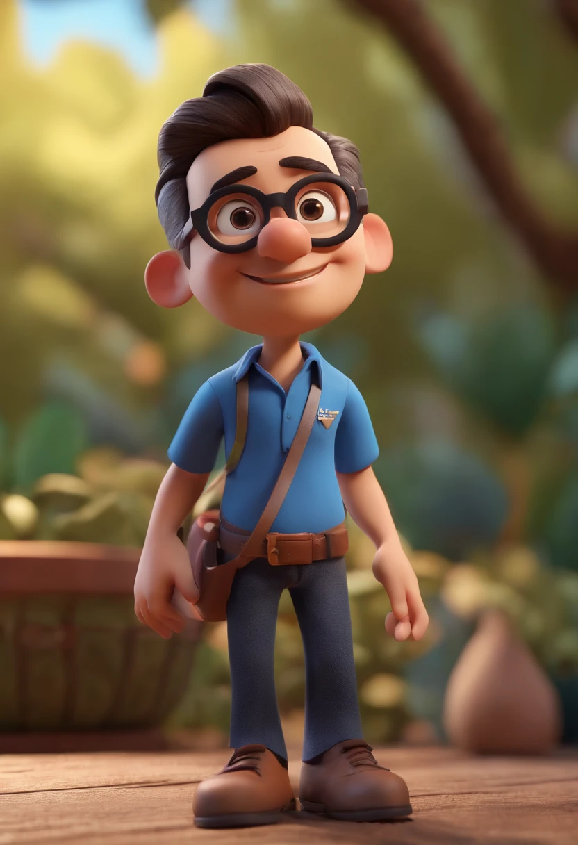 Cartoon character of a man wearing black glasses and a blue shirt, um personagem animado, Caractere estilizado, animation style rendering, 3D estilizado, Arnold Maya render, 3 d render stylized, toon render keyshot, Personagem 3D, Personagem 3D, 3d rendering stylized, 3 d character render, personagem de desenho animado, Personagem de close up, Pose de personagem, (Estilo Pixar) (master part:1.2) (Bokeh) (best quality) (pele detalhada) (textura detalhada) (8k) (argila) (Cinematic lighting) (foco nítido,Senta e vaza a parte superior do corpo