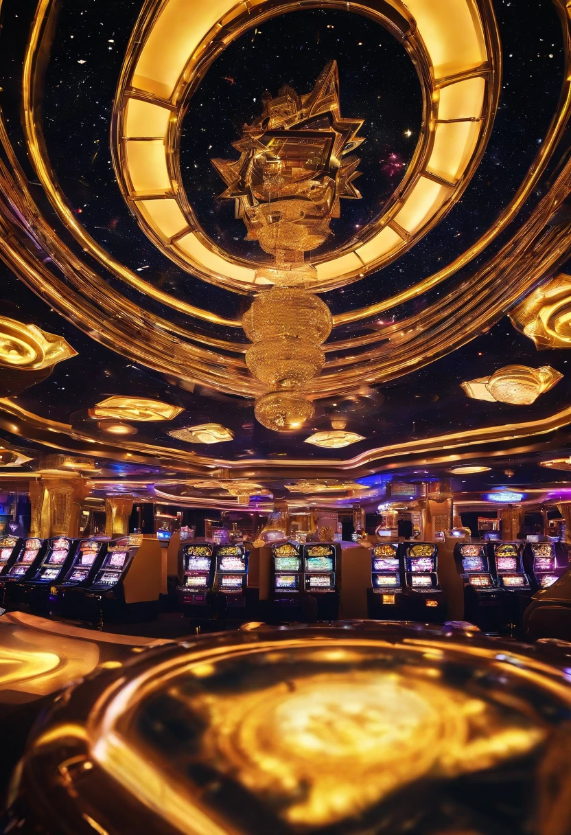 Top section: A vast expanse of the cosmos strewn with stars, galaxies, and nebulae in shades of gold and yellow against a deep black backdrop. A luxurious spaceship casino named ‘EMPIRE777’ is sailing through this space, its golden lights shimmering against the dark void.

Center section: The spaceship doors open to reveal a lavish casino interior - roulette tables with golden chips, futuristic slot machines with starry symbols, and dealers dressed in high-end fashion. The casino’s grandeur is emphasized with glowing golden accents and sleek black surfaces.

Bottom section: Against a black background, the brand name ‘EMPIRE777’ is written in bold gold letters with star-like sparkles around it. Below it reads the tagline ‘ASIA TOP ONLINE CASINO’ in a stylish yellow font.

Copy on the right side: “Experience the luxury of our galaxy’s finest gaming at EMPIRE777. Elevate your game as you journey through space and time with our world-class online casino services. Join us for an unforgettable voyage where opulence meets excitement - only at EMPIRE777.”

Remember to include a call-to-action such as “Sign up now for an exclusive welcome bonus!” along with your website URL in clear but unobtrusive text.

For legal reasons, also include “Please gamble responsibly” somewhere discreet but visible on the page.