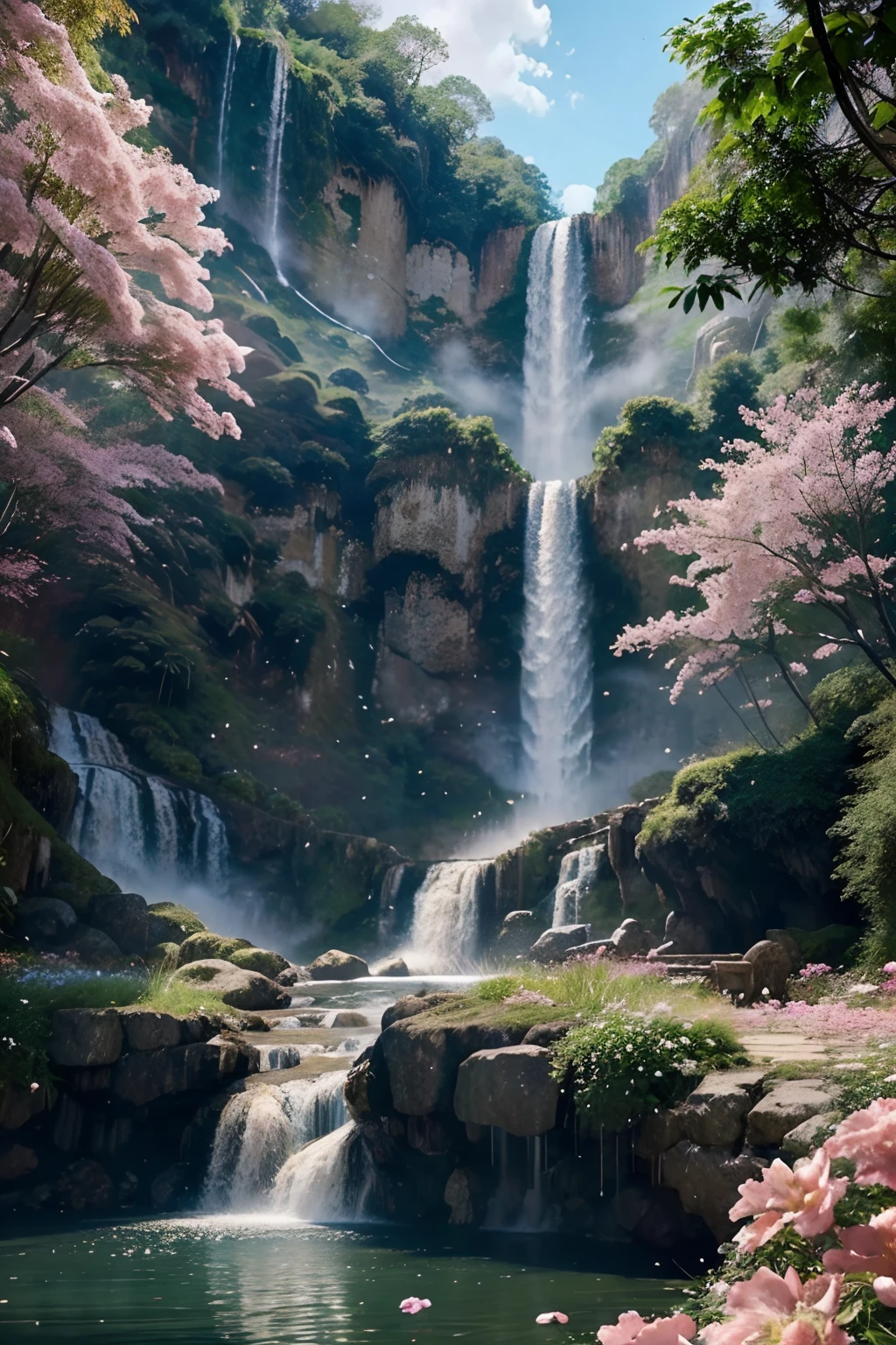 a close up of a waterfall, pink waterfalls, floating waterfalls, multiple waterfalls, an endless waterfall, very beautiful digital art, cascading waterfalls, beautiful digital artwork, flowers and waterfalls, beatiful backgrounds, beautiful digital art, immense waterfall, several waterfalls, chinese fantasy, dreamy chinese town, beautiful stunning waterfall