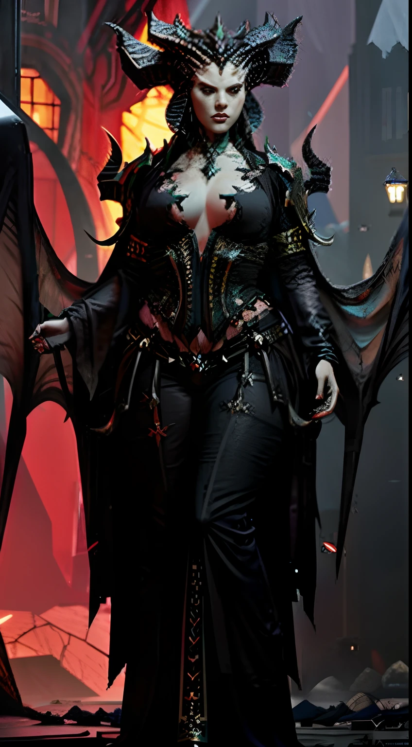 realisitic、Grey Sand Style,lilith,realisticlying、Close-up portrait of a woman with horns and a dress, Diabolical、lilith, Diabolical 、、queen, portrait of a female demon, beautiful elegant demon queen, white horns queen demon, diablo digital concept art, Dark fantasy concept art, queen of hell, Succubus 、Medieval, queen of the underworld, Demon Woman, diablo concept art, female lord of change, Wide buttock, cleavage,Huge boobs, Tight-fitting clothing,,garments, tmasterpiece, best qualtiy, ultra - detailed, Texture, looking at viewert, Detailed eyes, 详细的脸, shiny skins), Neon light, mid night, 城市, Cyberpunk Personality, optic, an legs,, Sharp Images, Large breasts exposed,Saturated color、 bloom around lights,red tint、Hellscape background, sharp、Fat Woman、thick waist、Plump body young woman's face、beautiful countenance
