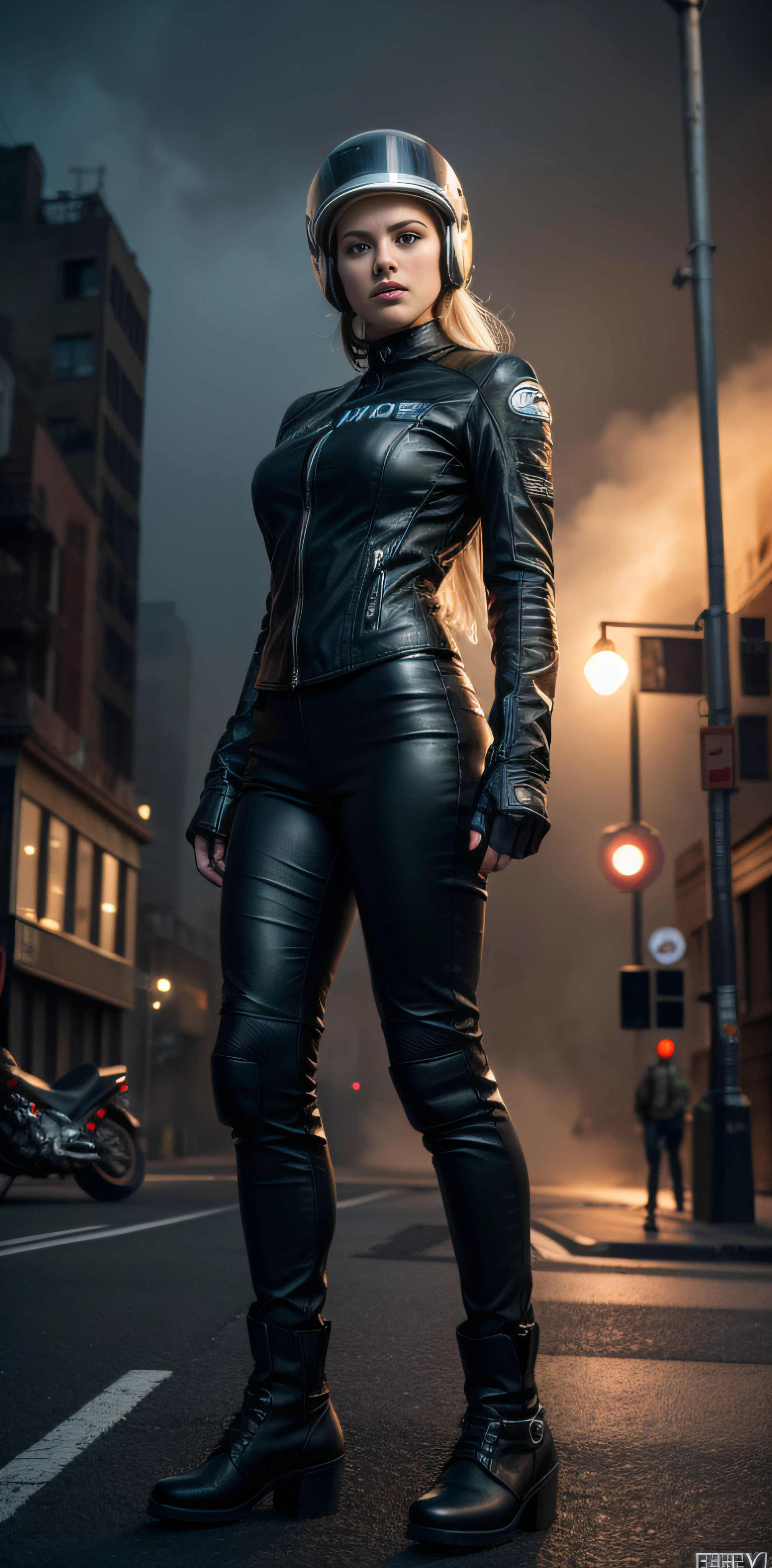 Create a complex and detailed image in the style of Frank Miller's, full - body shot Beautiful beautiful beautiful robot policewoman on a motorcycle, wearing a motorcycle helmet and motorcycle leather suit, standing at an intersection in a devastated city during fog smoke at night. She has blonde hair, blue eyes, and white skin, with ultra - realistic leather texture photo and realistic details in an apocalyptic environment, Ultra-Wide Angle, Sweeping cityscapes