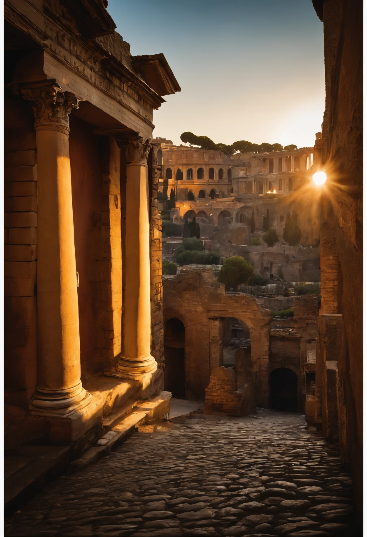 An atmospheric shot of the Roman Forum's cobblestone streets bathed in warm sunlight. The bustling activity of ancient Rome is captured as people in togas and tunics go about their daily business. Yet, beneath the bustling streets, there's a subtle, mysterious entrance to an ancient underground labyrinth. Shadows cast by the surrounding buildings accentuate the secrecy of the hidden world below.