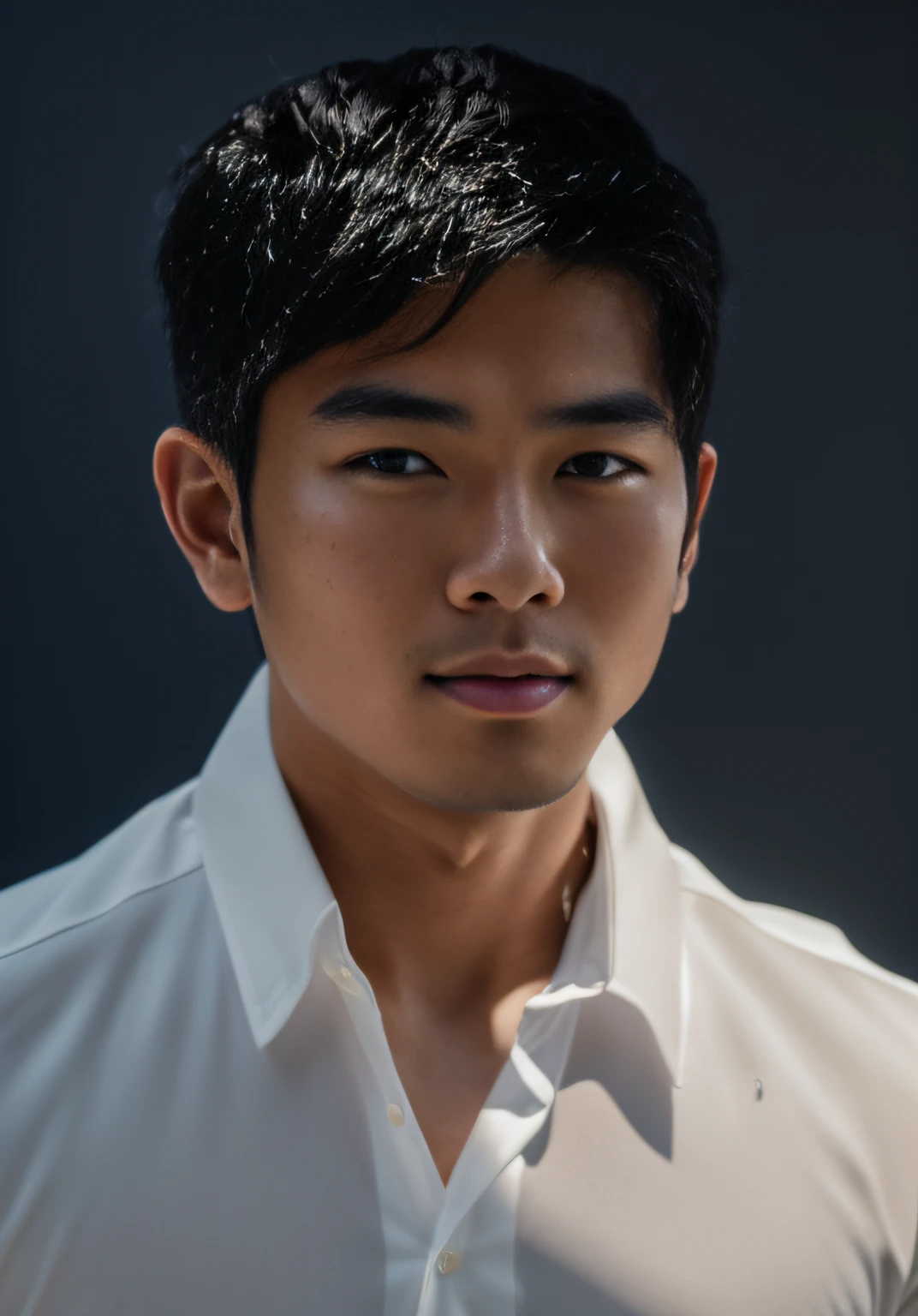 (photorealistic,realistic:1.37),22-year-old Asian man wearing a white shirt,detailed face with defined features,1975 Kodak-style image, crisp and clear details,dark blue background