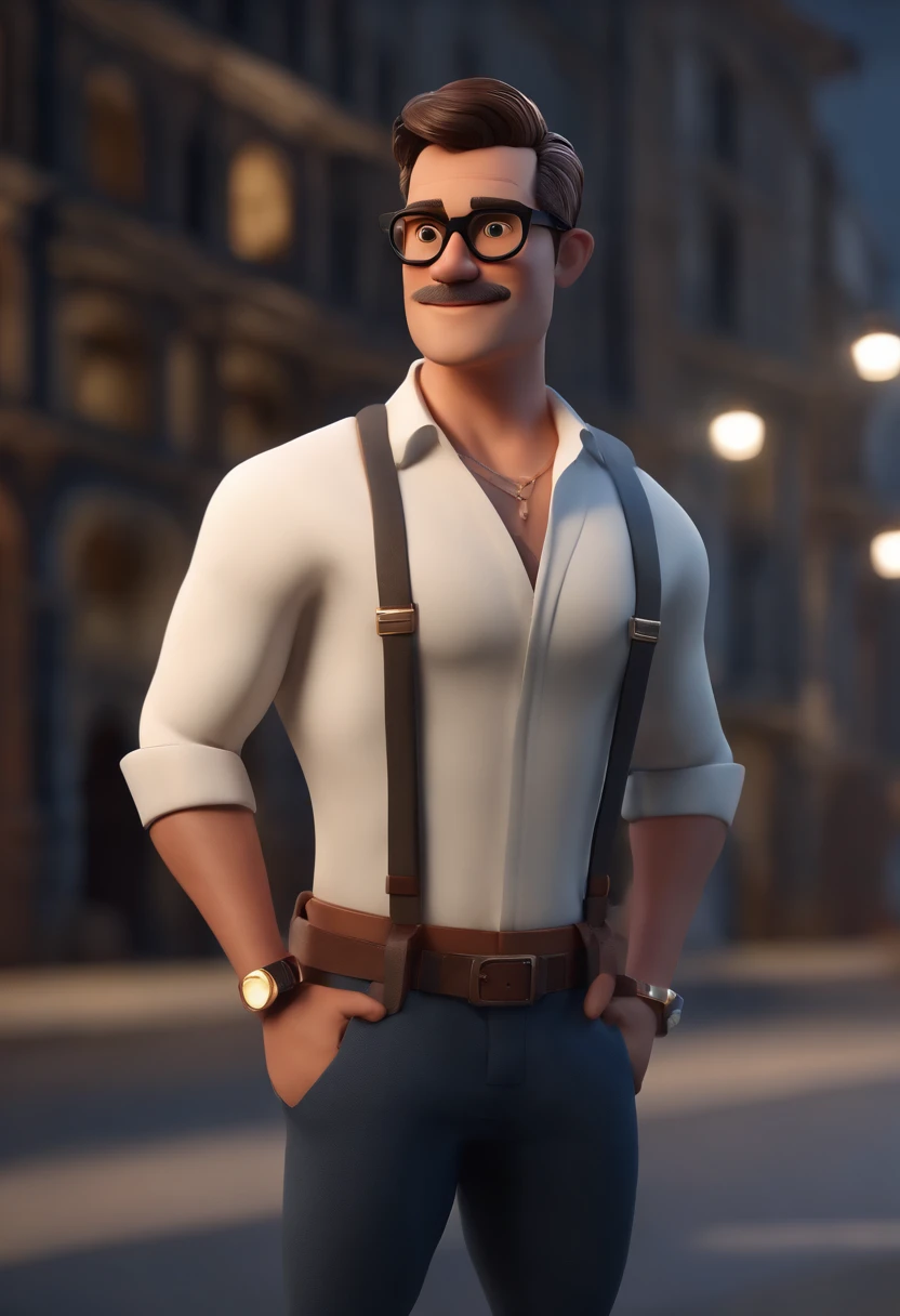 Personaje de dibujos animados de un hombre con gafas negras y una camisa azul, un personaje animado, stylized character, animation style render, 3D estilizado, Arnold Maya render, 3D render estilizado, Toon renderizar keyshot, Personaje 3D, 3 d character, Renderizado 3D estilizado, Renderizado de 3 caracteres D, Personaje de dibujos animados, Personaje de primer plano, Pose de personajes, (Estilo Pixar) (Obra maestra:1.2) (Bokeh) (La mejor calidad) (Piel detallada) (Textura detallada) (8k) (arcilla) (cinematic lighting) (foco nítido,Se asienta y gotea la parte superior del cuerpo