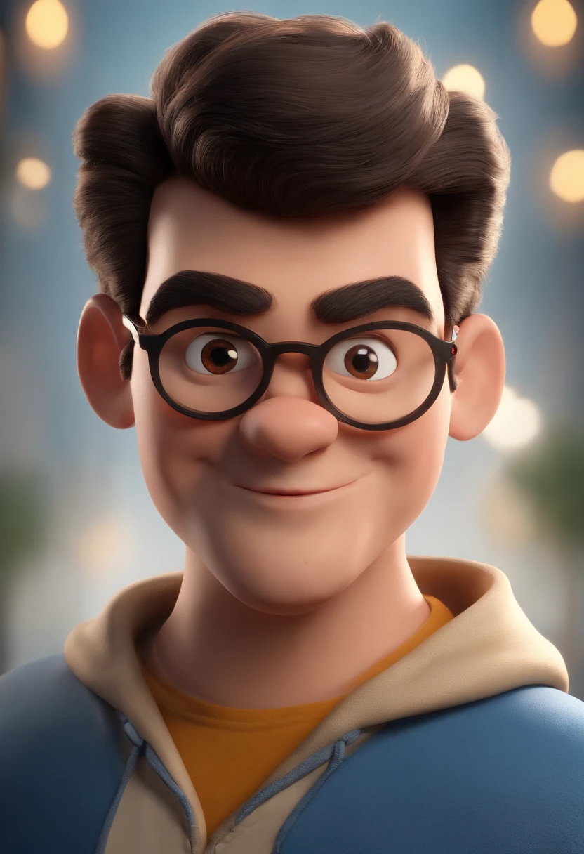 Personaje de dibujos animados de un hombre con gafas negras y una camisa azul, un personaje animado, stylized character, animation style render, 3D estilizado, Arnold Maya render, 3D render estilizado, Toon renderizar keyshot, Personaje 3D, 3 d character, Renderizado 3D estilizado, Renderizado de 3 caracteres D, Personaje de dibujos animados, Personaje de primer plano, Pose de personajes, (Estilo Pixar) (Obra maestra:1.2) (Bokeh) (La mejor calidad) (Piel detallada) (Textura detallada) (8k) (arcilla) (cinematic lighting) (foco nítido，Se asienta y gotea la parte superior del cuerpo