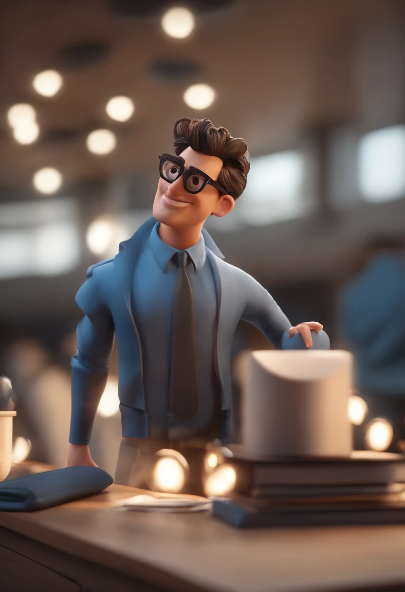 Personaje de dibujos animados de un hombre con gafas negras y una camisa azul, un personaje animado, stylized character, animation style render, 3D estilizado, Arnold Maya render, 3D render estilizado, Toon renderizar keyshot, Personaje 3D, 3 d character, Renderizado 3D estilizado, Renderizado de 3 caracteres D, Personaje de dibujos animados, Personaje de primer plano, Pose de personajes, (Estilo Pixar) (Obra maestra:1.2) (Bokeh) (La mejor calidad) (Piel detallada) (Textura detallada) (8k) (arcilla) (cinematic lighting) (foco nítido，Se asienta y gotea la parte superior del cuerpo