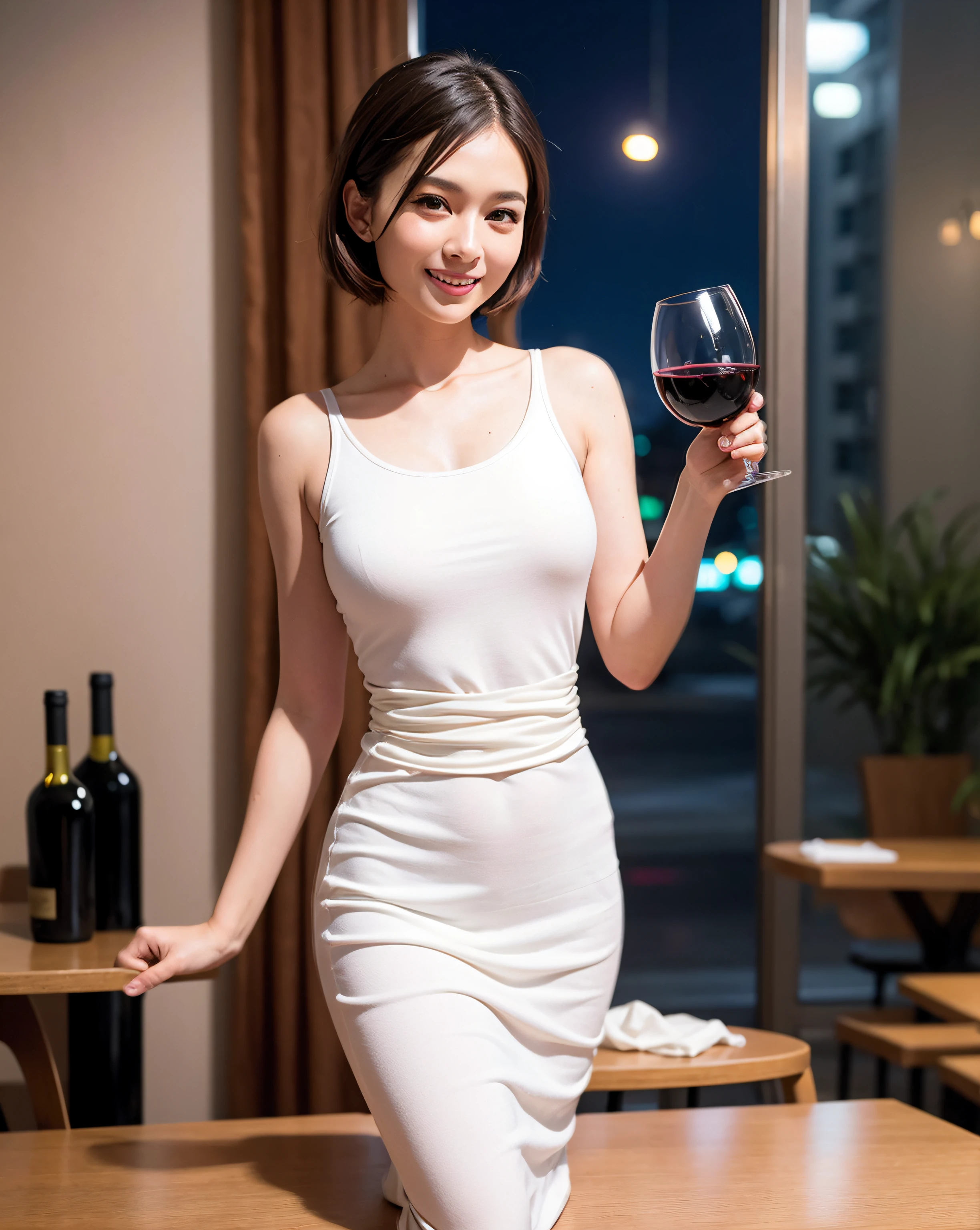 (64K, UHD, top quality, masterpiece: 1.2), (realistic, photorealistic: 1.37), super detailed, pretty woman 1 person, (slim face), (slim body), (brown hair), (short cut), cheeks slightly blushing, (44 years old), 38 years old, solo, beautiful detailed urban night view outside the window, restaurant, wine glasses sit, at night, in a prominent placeNovaFrogStyle, Actress, Model, Waist Up, White Wine, Slim, Wine Glass, Super Clean Night View, Wine Glass Put in the Middle, Happy Smile, (Smile: 1.15), Beautiful Fine Eyes, Upper Body, Bust Japan Up, Night, Short, Short, Actress, Model, Waist Up, White Wine, Slim, Wine Glass, Super Clean Night View, Wine Glass Put in the Middle, Happy Smile,
