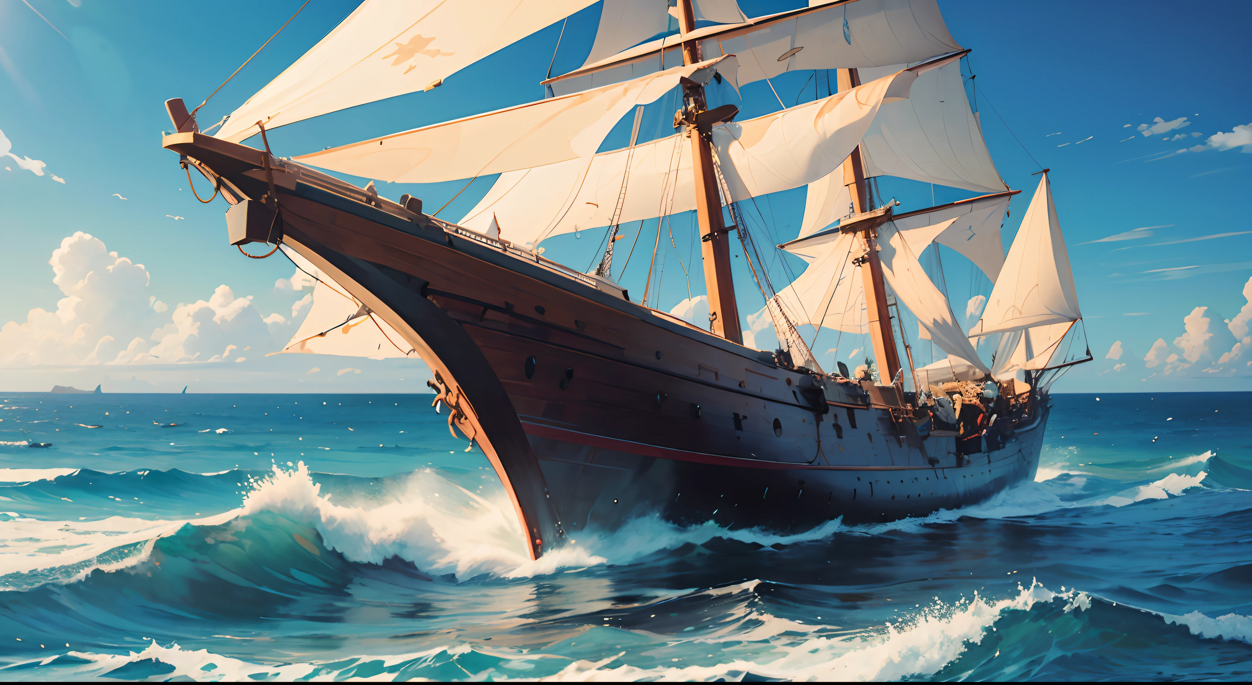 ((masterpiece)), ((best quality)), stormy ocean, wooden Man-of-War sailing ship, with cannons firing, and lots of action on deck