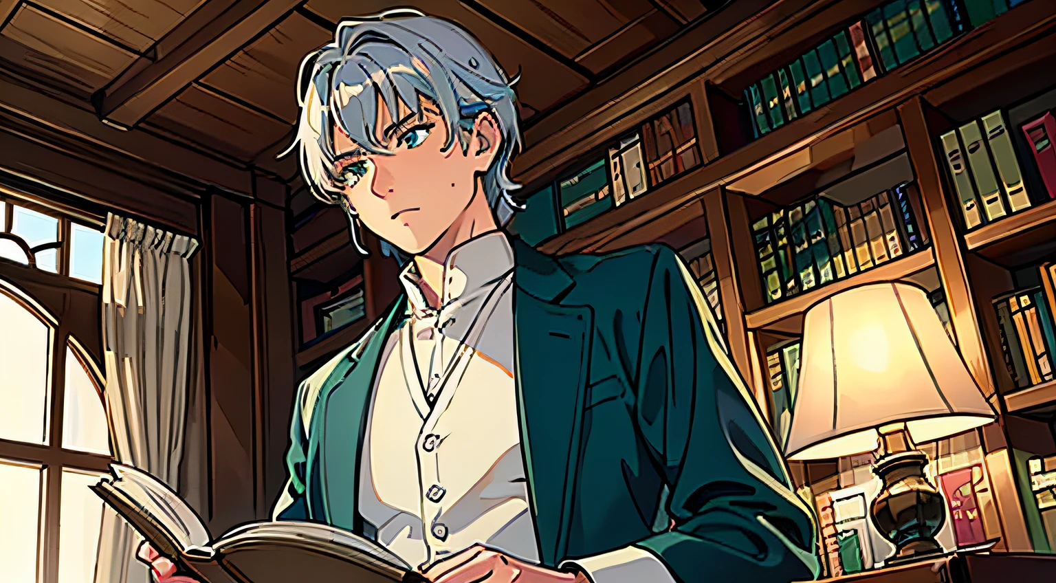 city, highres, highest quallity, illustration, ultra detailed, (detailed face), (detailed eyes), soft lighting, best quality, hazy glow, dreamy atmosphere, hyper detailed, masterpiece, 1men, solo, silver hair, green eyes, men hair style, silk belt, brave men, strong men, serious face, reading a book luminous eyes, athletic body, (colorful), cowboy shot, from below, indoor, with many rack of book,