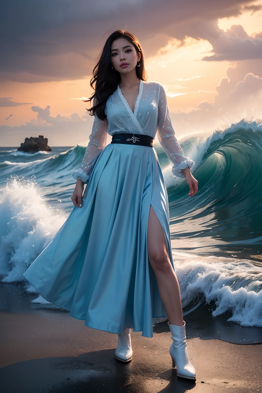 Beautifull malay women in hijap, (skindentation:1.5), Realistic, Photorealistic, (masterpiece:1.5), concept art, intricate details, highly detailed, photorealistic, octane render, 8k, unreal engine, dynamic pose, best quality, highres, (realistic face:1.1), (hyperrealistic:1.1), ((full_body)), perfect eyes,(shiny skin:1.2), (((hairstyle))), (((perfect hands))), (extremely detailed background), ((dynamic background)), ((lightning)), (light rays), ((1girl)), 8k, dramatic angle, (fluttered detailed color splashs), (illustration), (((1 girl))), (black long hair), (rain:0.9), Hanfu, cheongsam, air accessories, colored ink drawing, (sketching:0.8), (denoising:0.6), [splash ink], ((ink refraction)), (beautiful detailed sky), background bokeh, beach, ((huge wave)), (masterpiece, best quality, extremely detailed), ((wearing pale blue fluffy dress)), (((long skirt))), (((long sleeves))), white boots, water magic, ((full body)), battle action