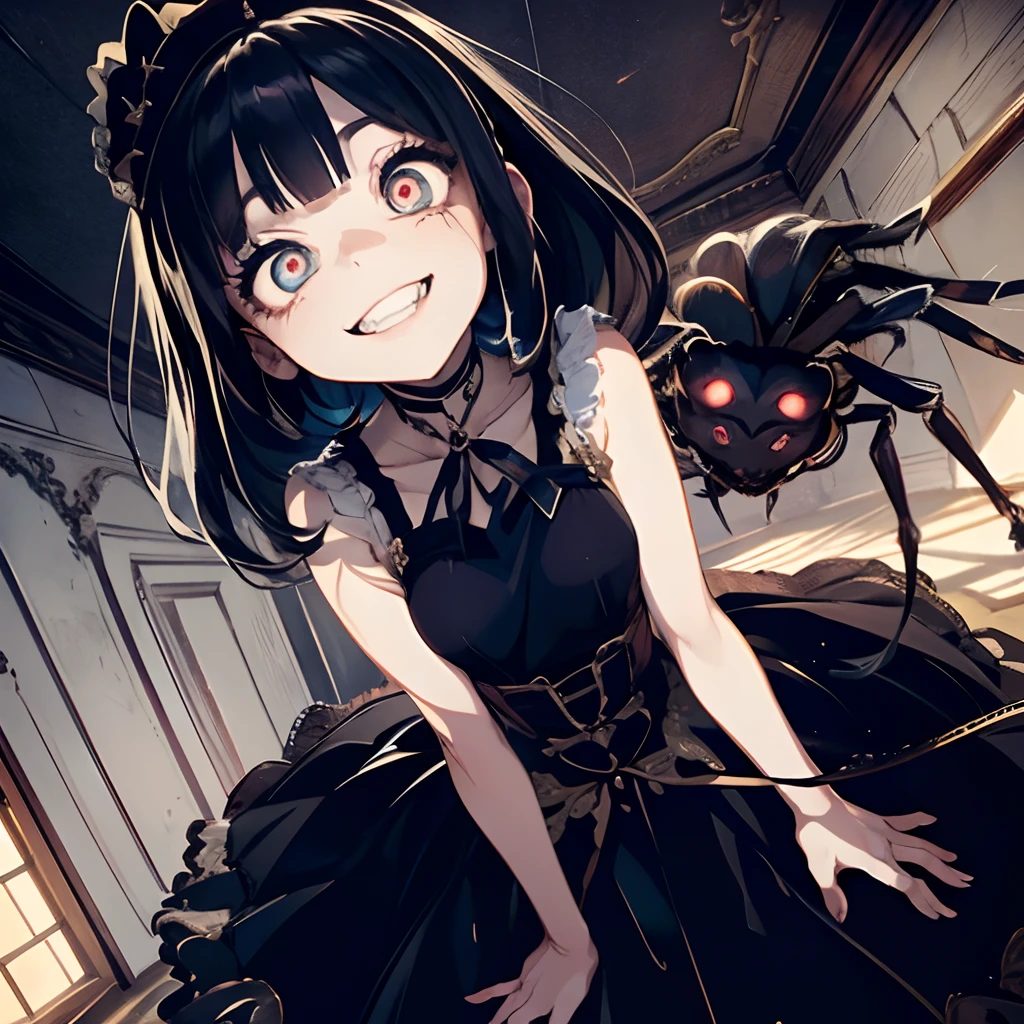 Woman in black dress. She looks like an anime. wearing a frilled dress. Female fused with a spider. Crazy Eye Expression. She grins. Her eyes are shining. Inside a dark mansion. A thread stretches out of her hand. Her skirt becomes one with the floor.